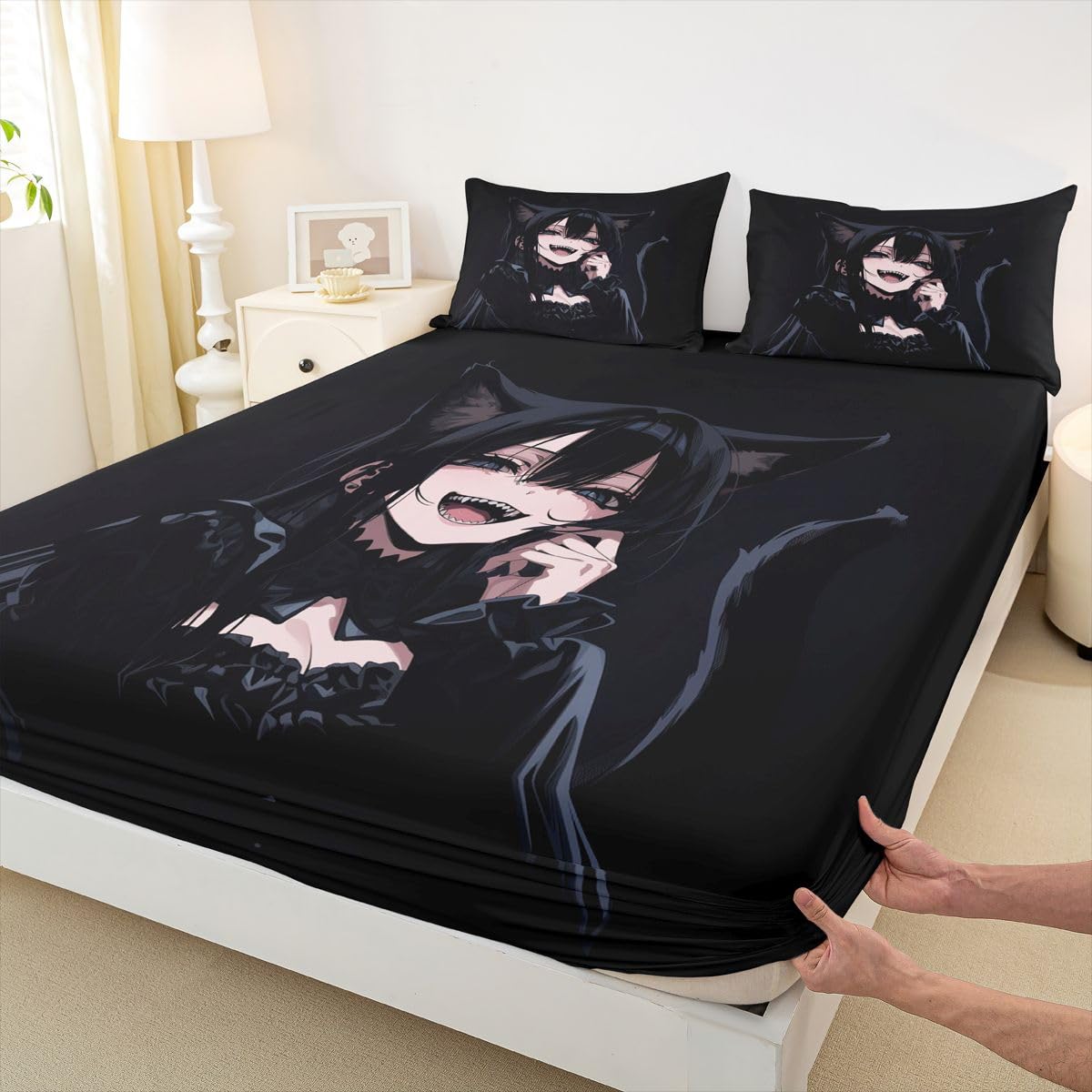 Erosebridal Anime Girl Queen Bed Sheets 3D Japanese Fitted Sheet,Gothic Style Cat Girls Kids Bedding Sets Cool Anime Gift Sheets with 2 Pillowcases