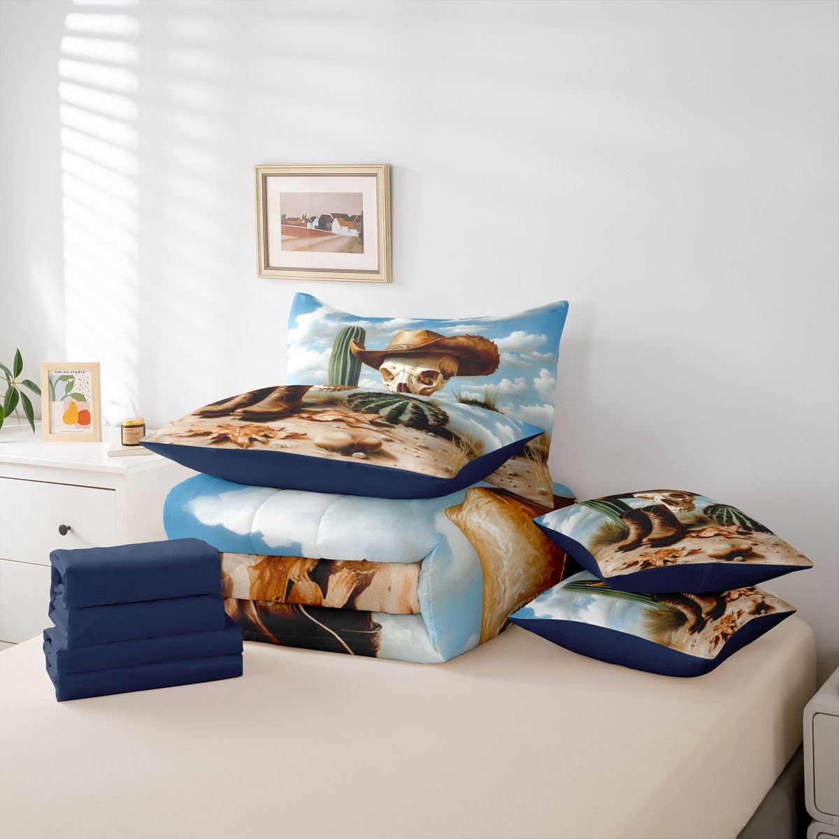 Erosebridal Sugar Skull 7 Piece Bedding Set Queen Cowboy Hat Comforter Set with Sheets Boots Cactus Maple Leaves Clear Sky Bed in a Bag Boho Western Clouds Desert for Teens Men Women