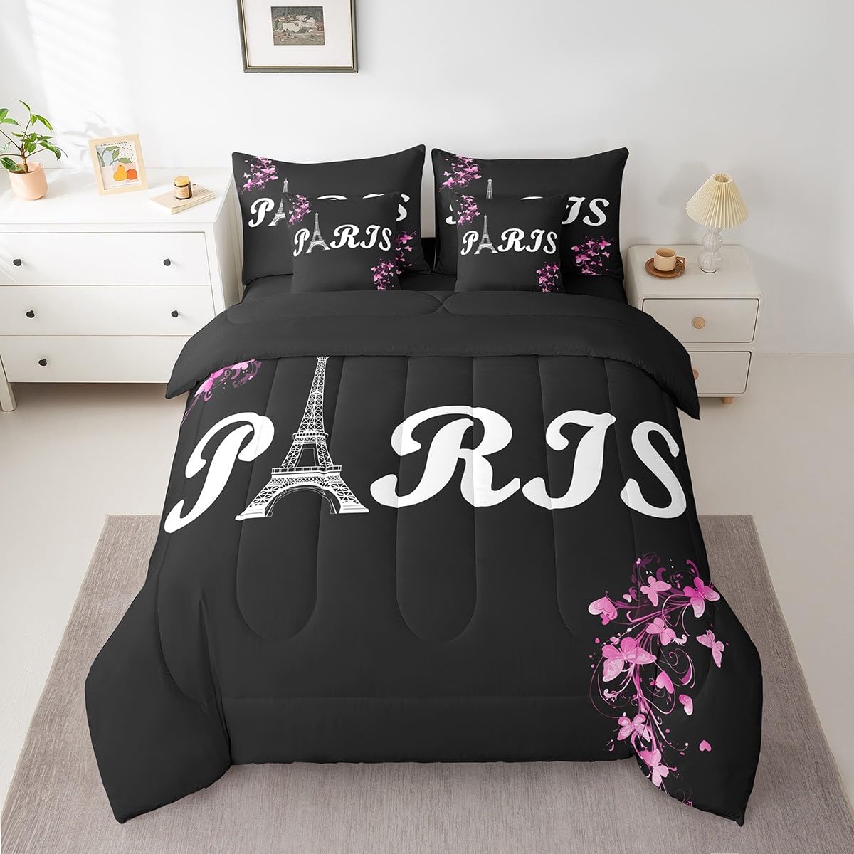 Erosebridal Paris Comforter Set 7 Piece Bed in a Bag Twin,Eiffel Tower of France Bedding Sets Romantic City Building Comforter and Sheet Set,Pink Flowers Bed Set