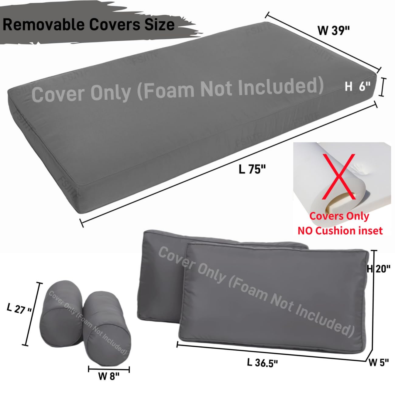 FSJITF Patio Twin Daybed Waterproof & Fade-Resistant Cover,for Outdoor Wooden Hammock Mattress Cover + 2 Back Bolster Cushion Slipcovers (5-Piece Set)