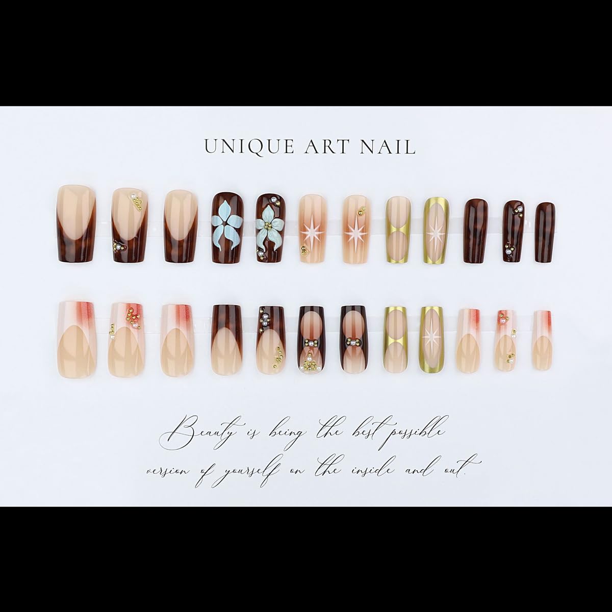 French Tips Press on Nails Brown - Long Square Nails Press on with 5D Flower, Gold Charm Design Glossy Ombre Fake Nails Floral Glue on Nail Reusable Fall Summer Nail for Women Manicure 24Pcs