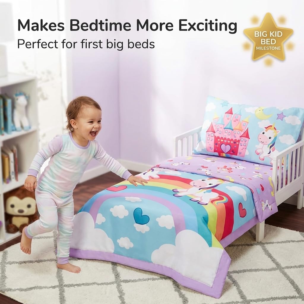 EVERYDAY KIDS 4 Piece Toddler Bedding Set - Unicorn Dreams - Includes Comforter, Flat Sheet, Fitted Sheet and Reversible Pillowcase