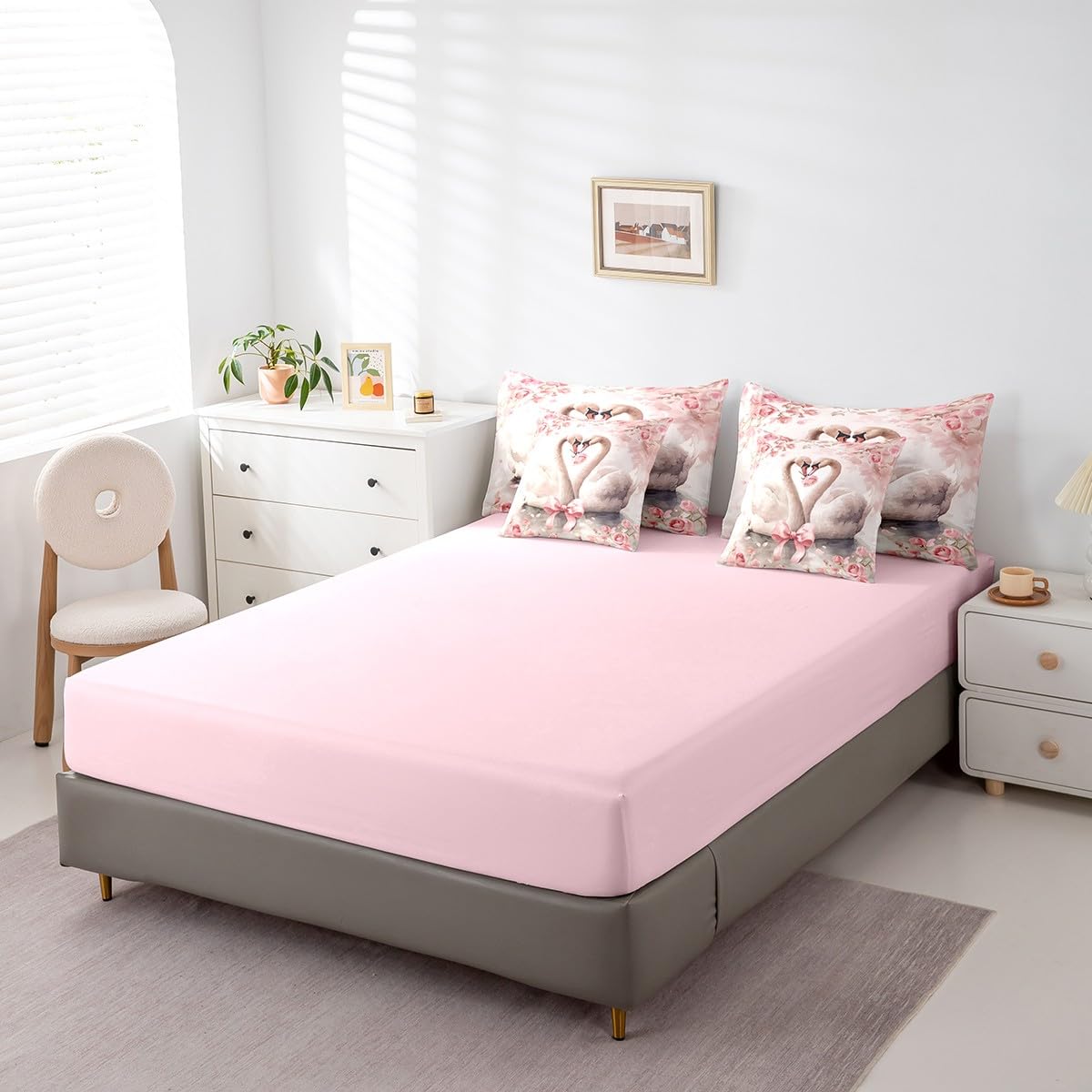 Erosebridal Valentine's Day Queen Comforter Set 7 Piece Bow Swan Romantic Roses Bedding Set for Adults Men Women,Animal Couple Bed in A Bag Pink Flowers Leaves Bed Set Room Decor