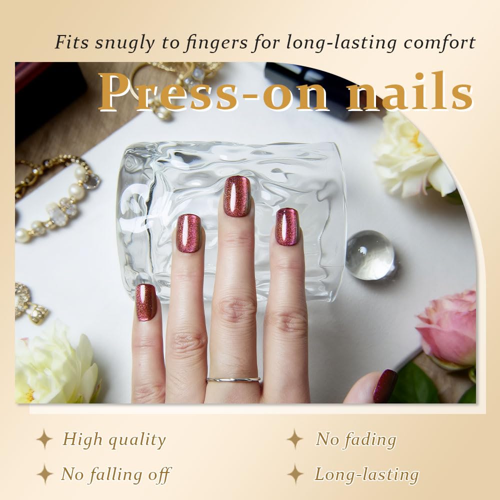 evpct Dark Pink Cat Press on Nails Eye Short Square, Petite Short Square Stick on Nails for Women Gift, Dark Pink Glossy Holographic Fake Nails Reusable Gel Press on Acrylic Fake Nail with Design
