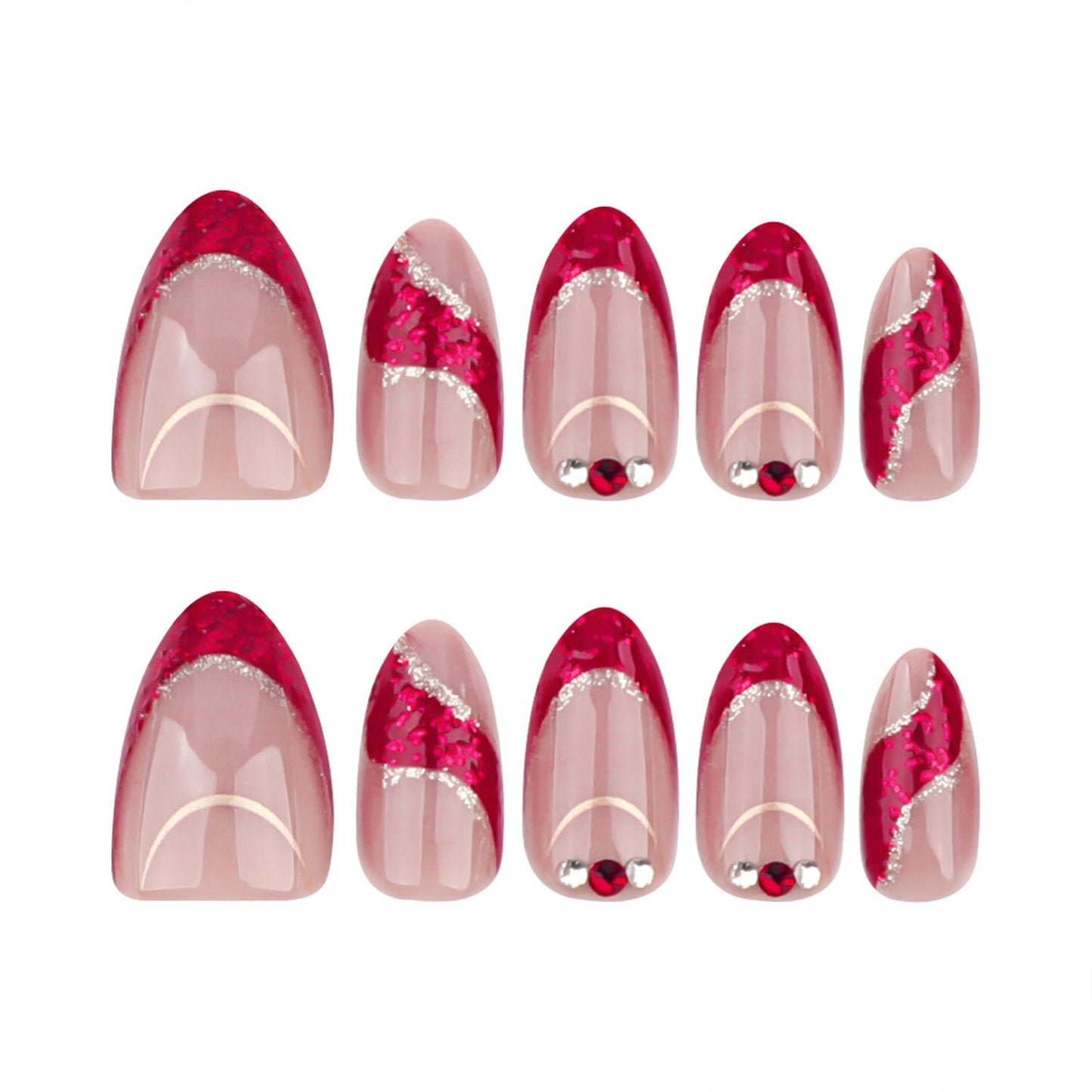 French Tip Press on Nails Short Almond Fake Nails Red Gold Foil Stripes Rhinestone Glitter Stick on Nails Reusable Full Cover with Jelly Glue False Nail for Women 24Pcs