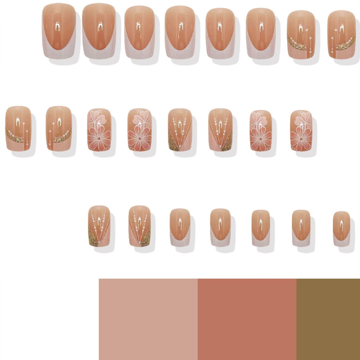 Pink White French Tip Press on Nails Medium Square Fake Nails with Flowers with Pops of Pink and Orange Designs Acrylic Glue on Nails Press ons Glitter Stick on Nails for Women 24Pcs