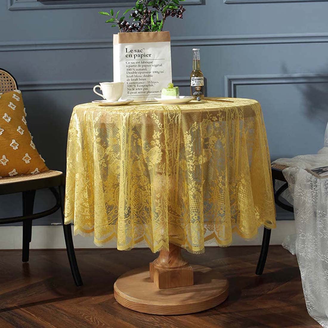 JAIJY Vintage 60 inch Yellow Lace Tablecloth Floral Embroidered Boho Shabby Chic Small Table Cover for Wedding Halloween Party Dinning Holiday, 1 Piece