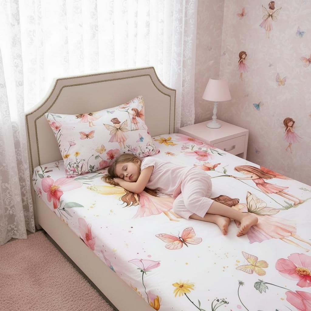 Erosebridal Dreamy Fairy Twin Fitted Sheet,Pink Fairy Garden Bedding Set for Girls Kids,Cute Floral Butterfly Bed Set,Princess Girly Coquette Bed Sheets 2Pcs Bedroom Decor (No Flat Sheet)