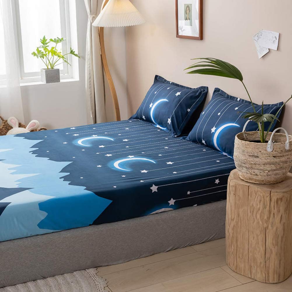 Kids Bedding Set Moon Twinkle Stars Bed Sheet Set for Boys Girls Bedroom Decor Twin Size Microfiber Soft Mountain Night Fitted Sheet Dark Blue Bed Cover with 1 Pillow Case, Flat Sheet not Included