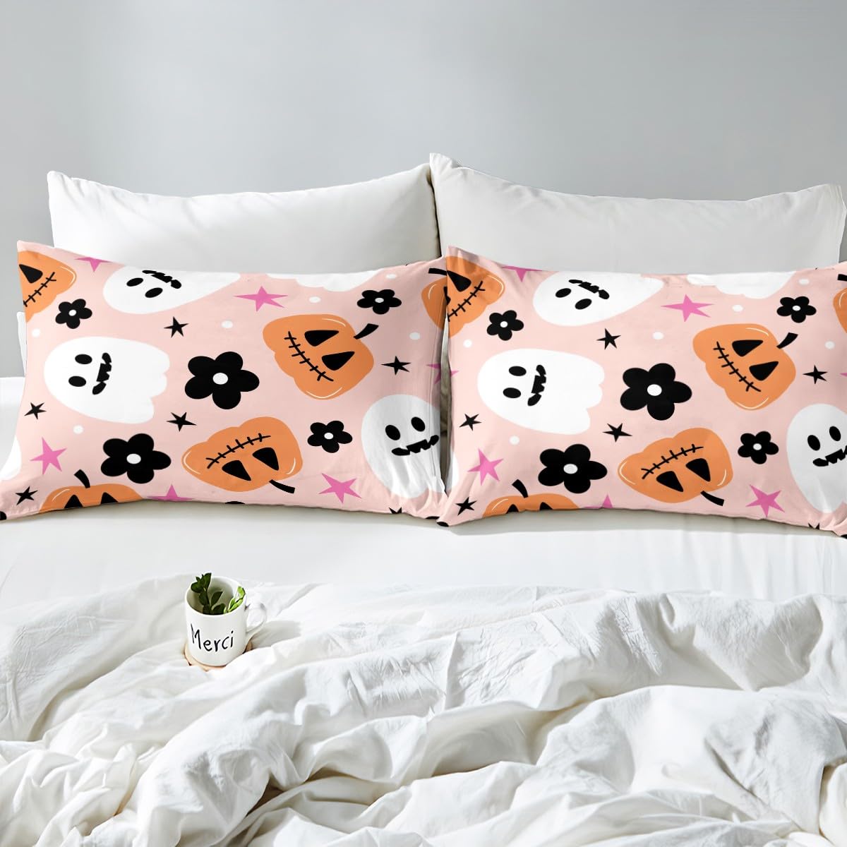 jejeloiu Cute Halloween Bed Sheets Set King Size Cartoon Ghost Pumpkin Fitted Sheet for Kids Boys Girls Trick or Treat Decor Bedding Set Soft Lightweight Microfiber Bedroom Decor（with 2 Pillow Cases）