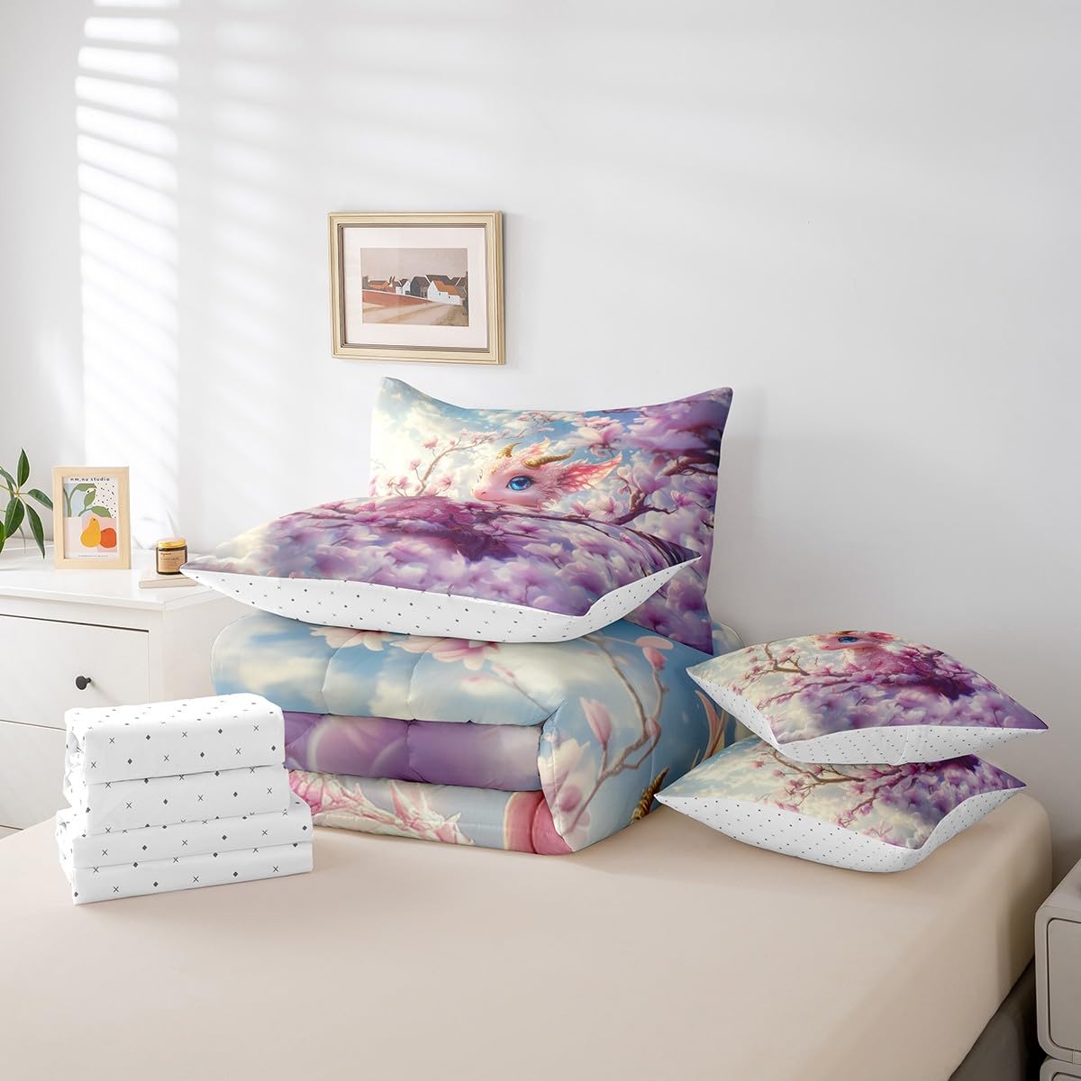 7 Pieces Cherry Blossom Dragon Comforter Set Queen,Pink Flower Wild Animal Bed Set for Kids Boys Girls,Pink Bedding(1 Comforter,1 Fitted Sheet,1 Flat Sheet,2 Pillowcases,2 Throw Pillow Cover)