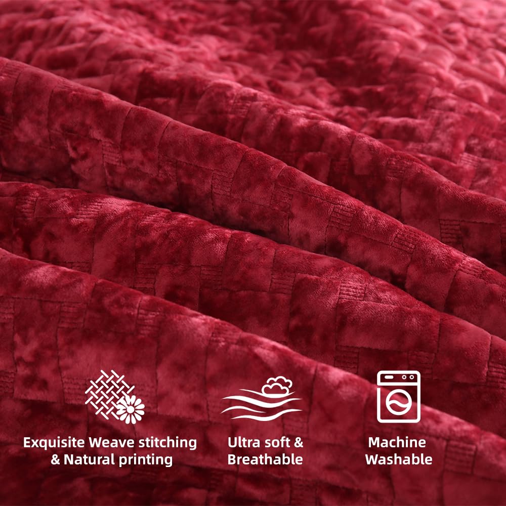 Liians Velvet Bedspread Quilt Bedding Sets,Luxury Elegant Ultra Soft Velvet Comforters Coverlet Blankets,Weave Stitching Pattern Cotton Quilted Bedspread for All Seasons,Red,King Size