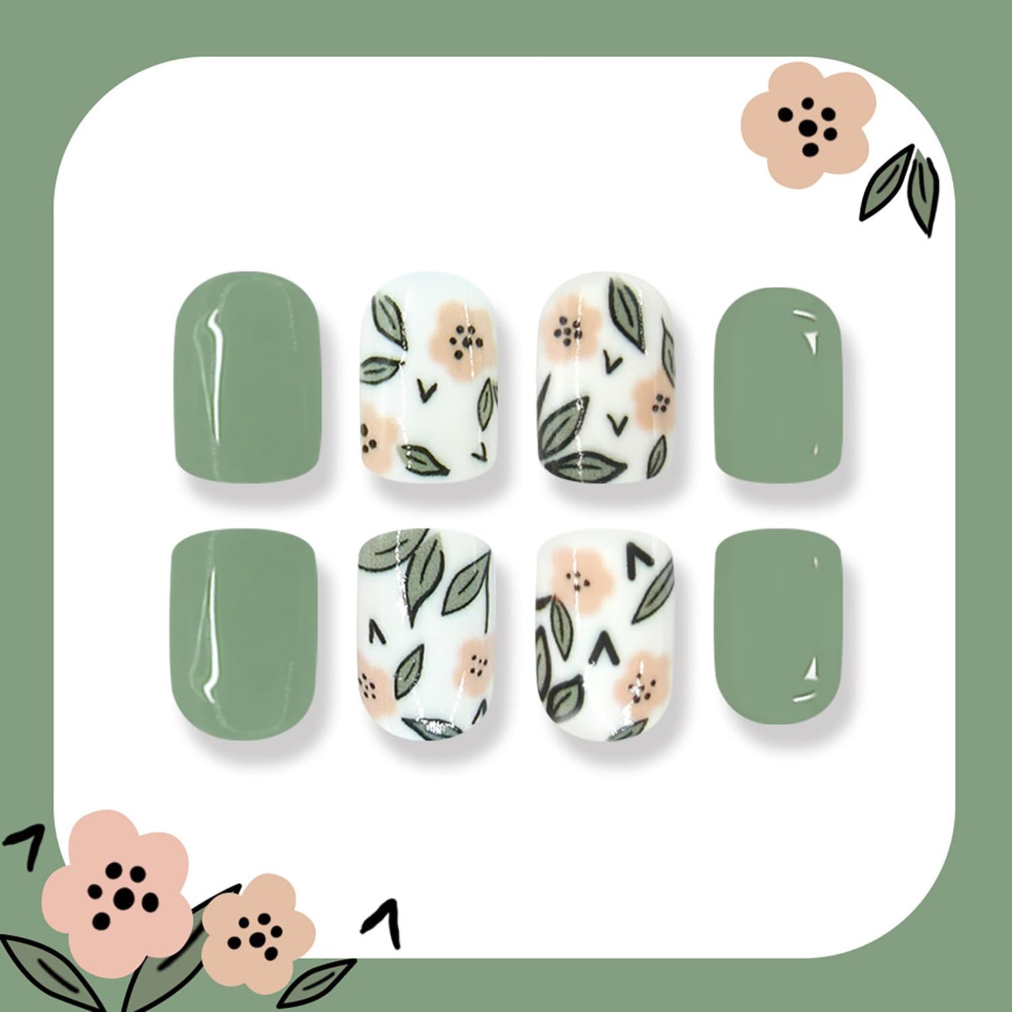 Green Flower Press On Nails Short Oval Fake Nails Artificial Acrylic False Nails With Leaf Designs Spring Glossy Nails Press Ons Full Cover Glue On Nails Short Stick On Nails For Women Girls