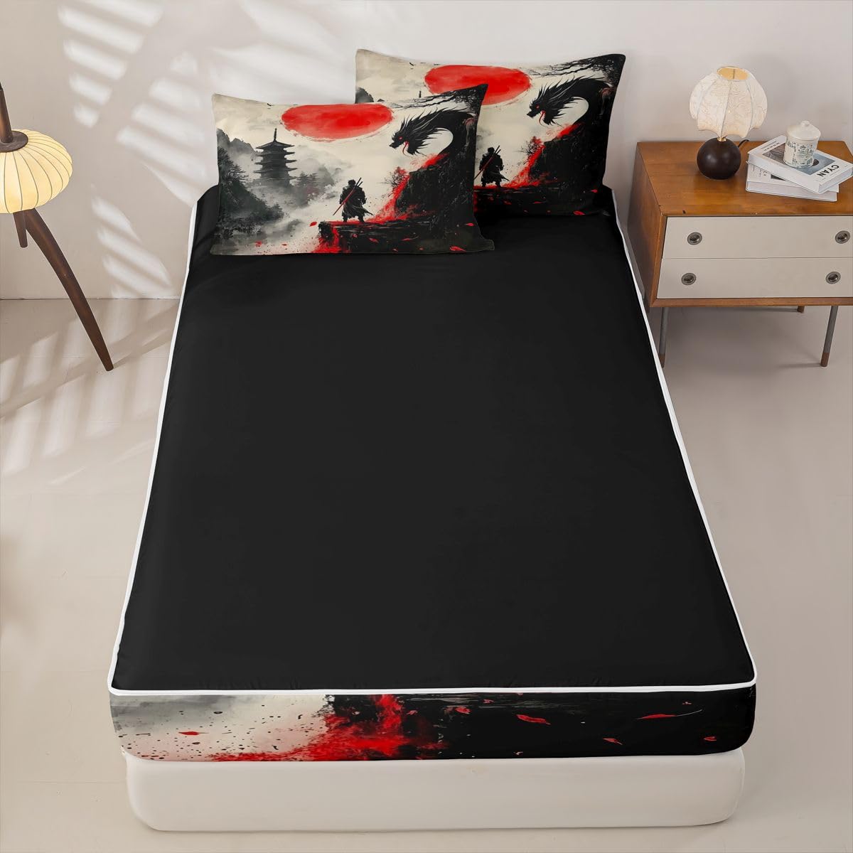 Erosebridal Japanese Theme Kids Bedding Set Full Samurai Dragon Zipper Comforter Set for Boys Girls Teen Black and Red Zip Up Bedding Retro Sun Mountain Bed in a Bag Set with Fitted Sheet