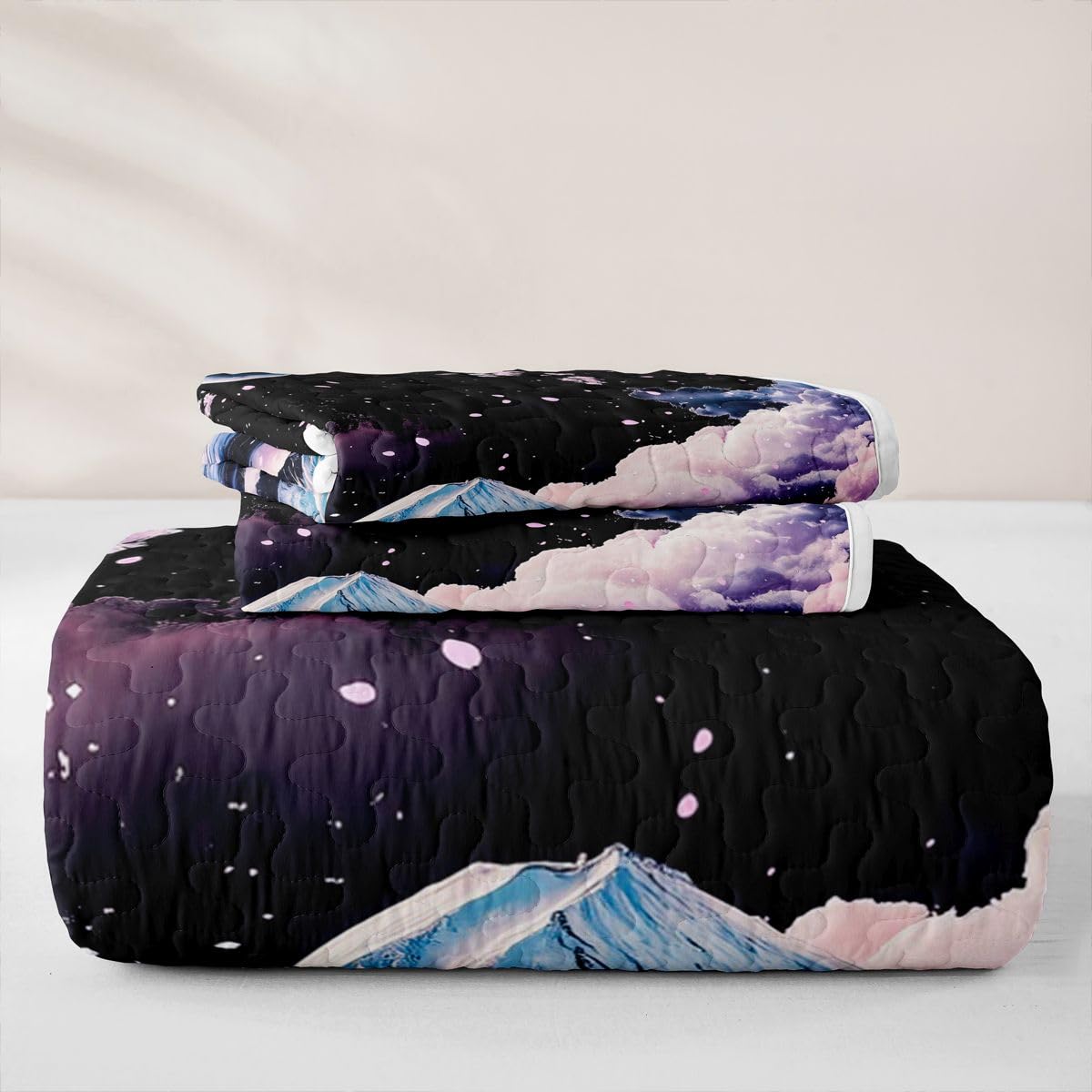 Erosebridal Japanese Cherry Blossom Quilts Twin Size - Japanese Style Bedspread Coverlet Set, Japan Mount Fuji Quilt Coverlets 2Pcs (Only 1 Pillowcase)