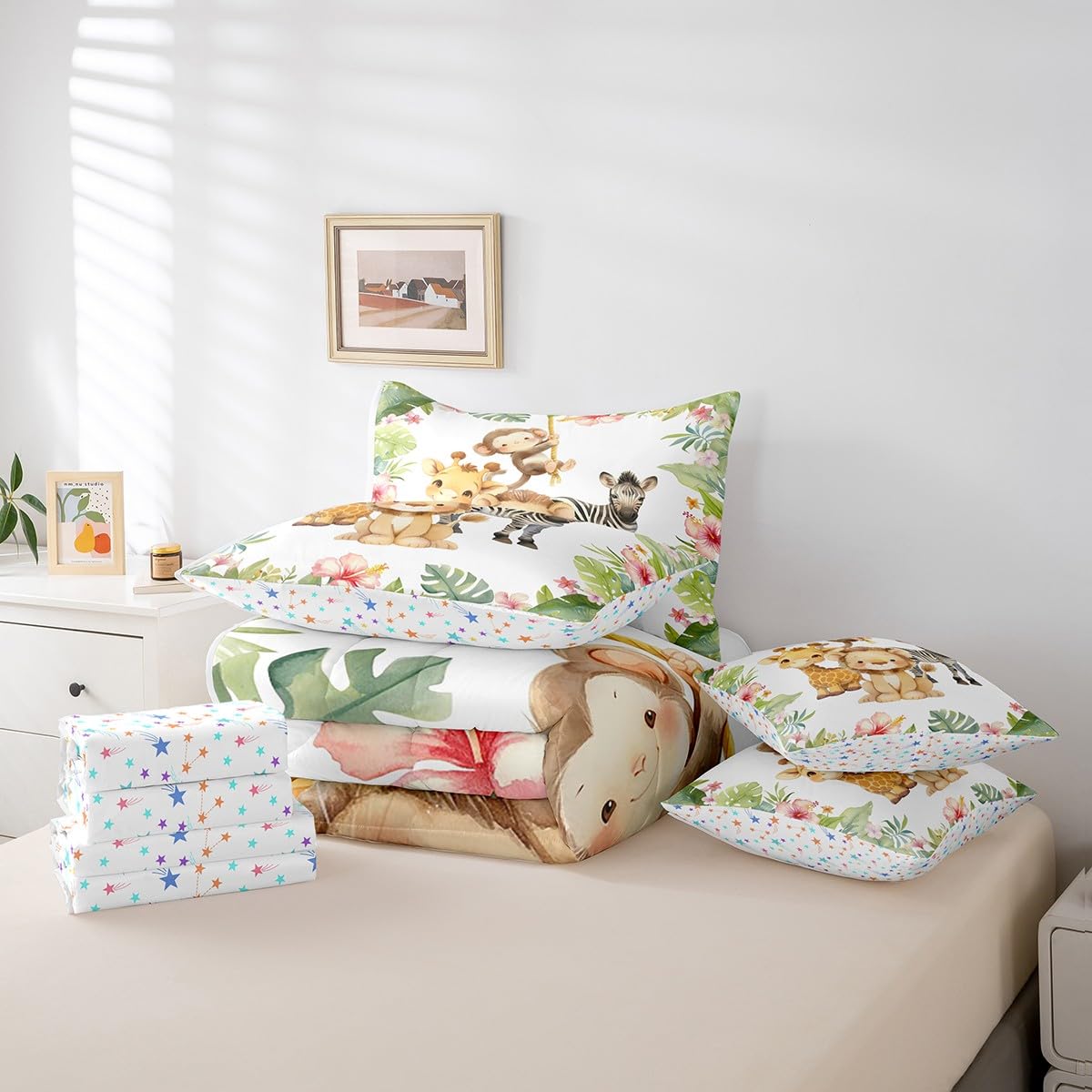 Erosebridal Lovely Cartoon Animal Twin Size Comforter Set with Sheets Teens - Cute Giraffe Lion 7-Piece Bedding Set Palm Leaves Pink Flowers Bed in a Bag Nursery Jungle Zebra Monkey Bed Quilt Sets