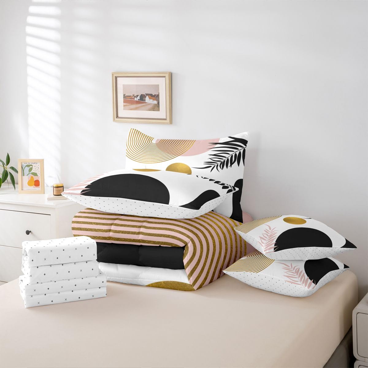 Erosebridal Boho Pink Black and Gold King Size Comforter Set with Sheets, Abstract Mid Century 7 Pcs Bedding Set for Adults, Minimalist Aesthetic Geometric Bed in A Bag, Modern Bohemian Chic Bed Sets