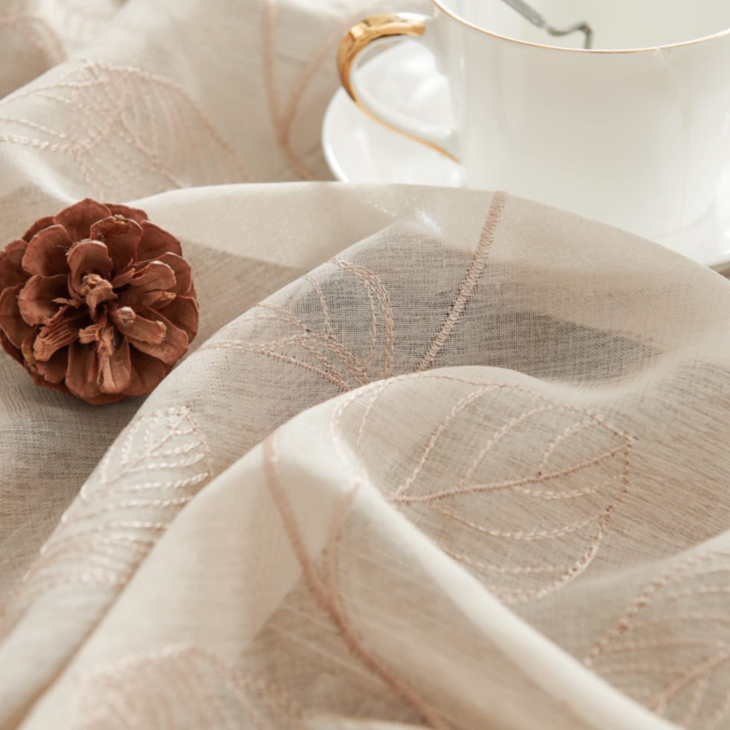 Topick Beige Sheer Leaf Curtain Kitchen Valance for Windows Leaf Embroidered Voile Small Curtain Valance Semi Sheer Farmhouse Curtain 16 Inch Rod Pocket 1 Panel Beige
