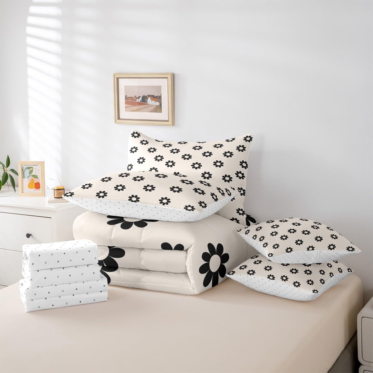 Erosebridal Black and White Floral 7 Pcs Bedding Set for Teen Girls Kawaii Daisy Comforter Set with Sheets Twin Size for Girls Kids Young Women Bedroom Beige Boho Bed in A Bag All Season Bed Sets