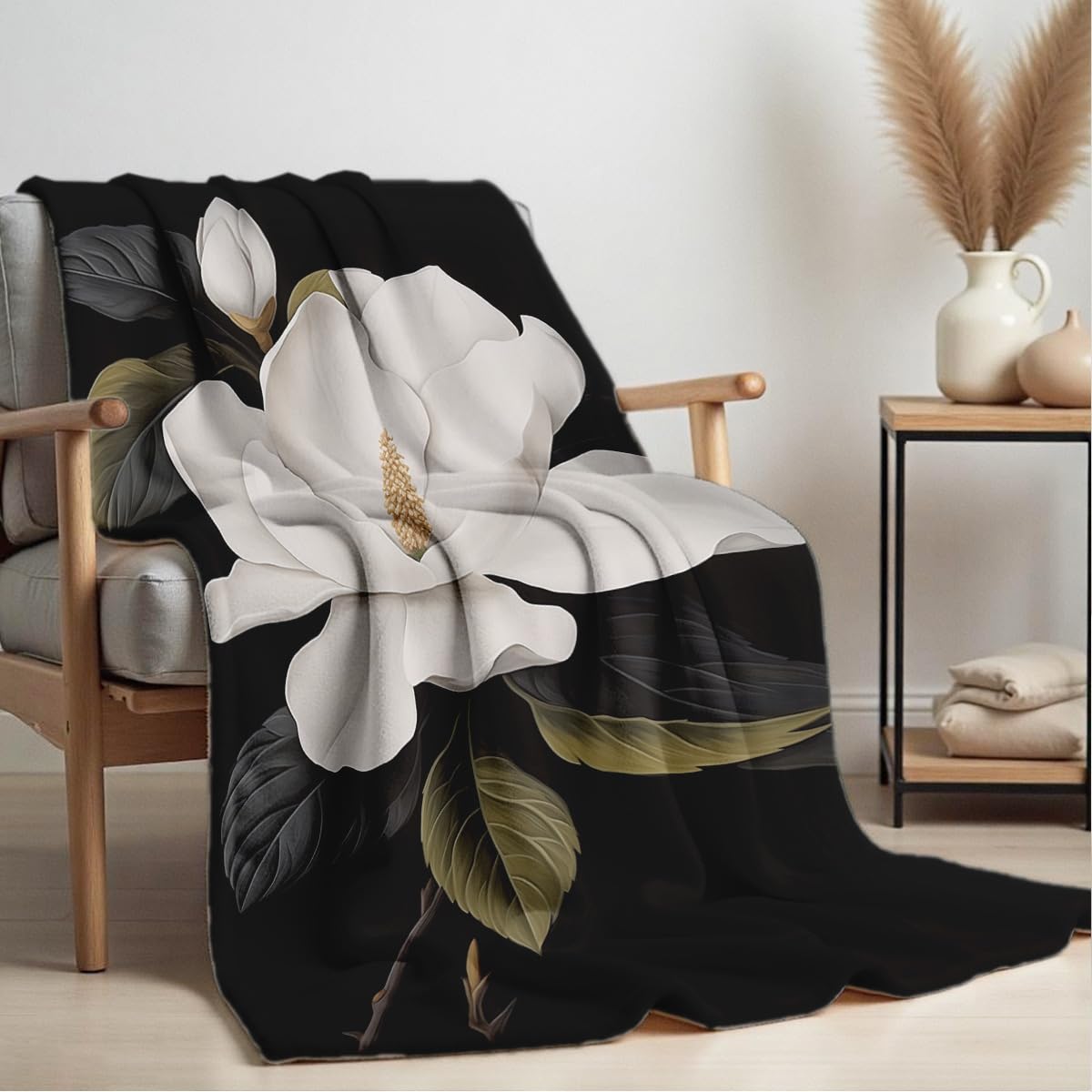 HUNXIAOJ Magnolia Print Blanket Black and White Throw Soft Magnolia Flannel Blanket Flower Bedding Decor Gifts Botanical Floral Throw for Bed Couch (59"x78")