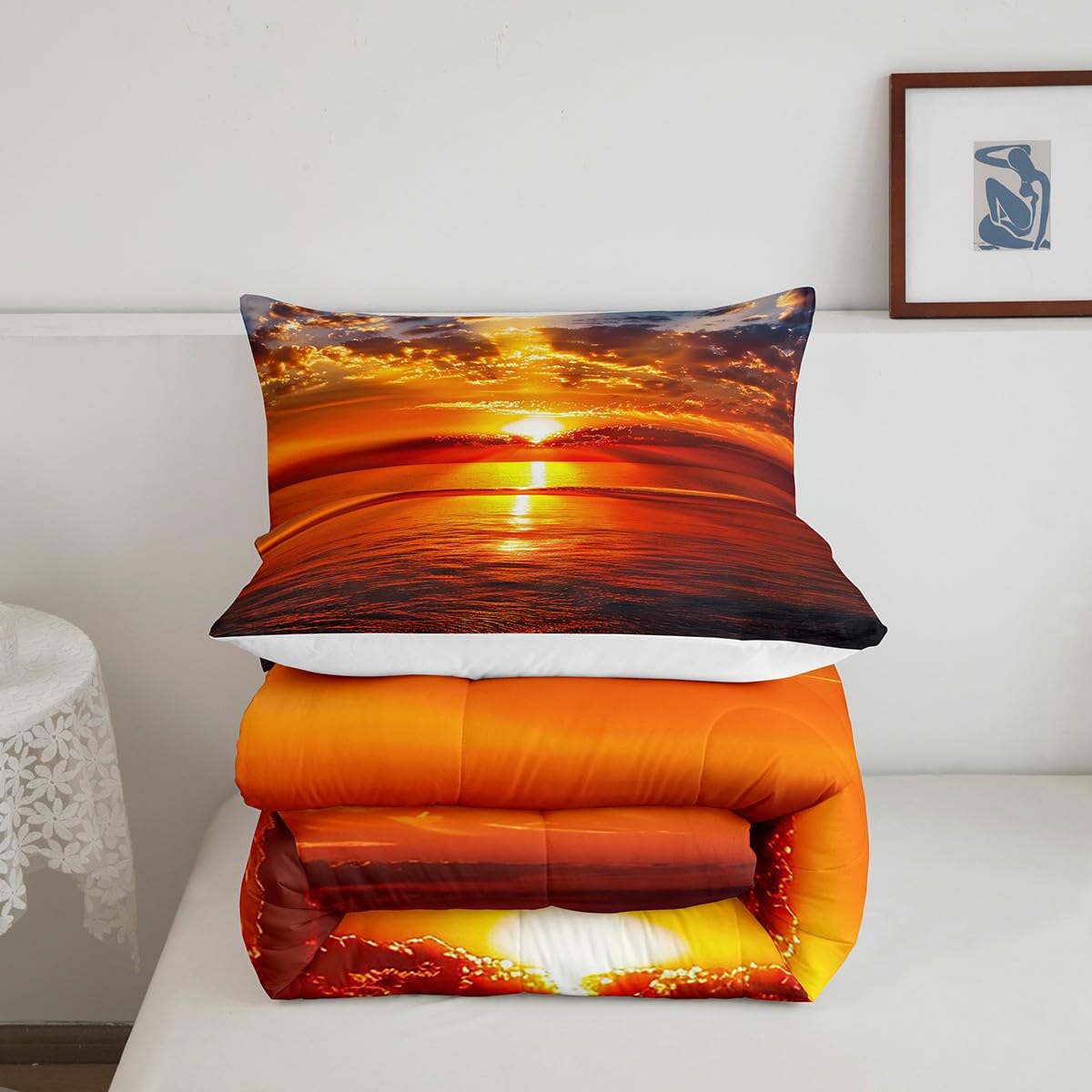 Manfei Sea Sunset Comforter Set Twin Size, Ocean Natural Landscape Bedding Set 2pcs for Kids Boys Girls Room Decor, Ocean Theme Down Comforter with 1 Pillowcase, No Sheets