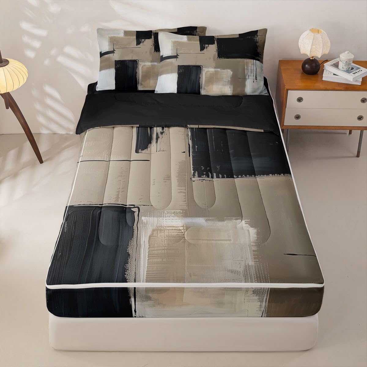 jejeloiu Abstract Twin Zipper Bedding Set Modern Art Kids Comforter Set with Fitted Sheet and 2 Pillowcases Black and Brown Bed in a Bag Zip Up Bedding Soft Microfiber