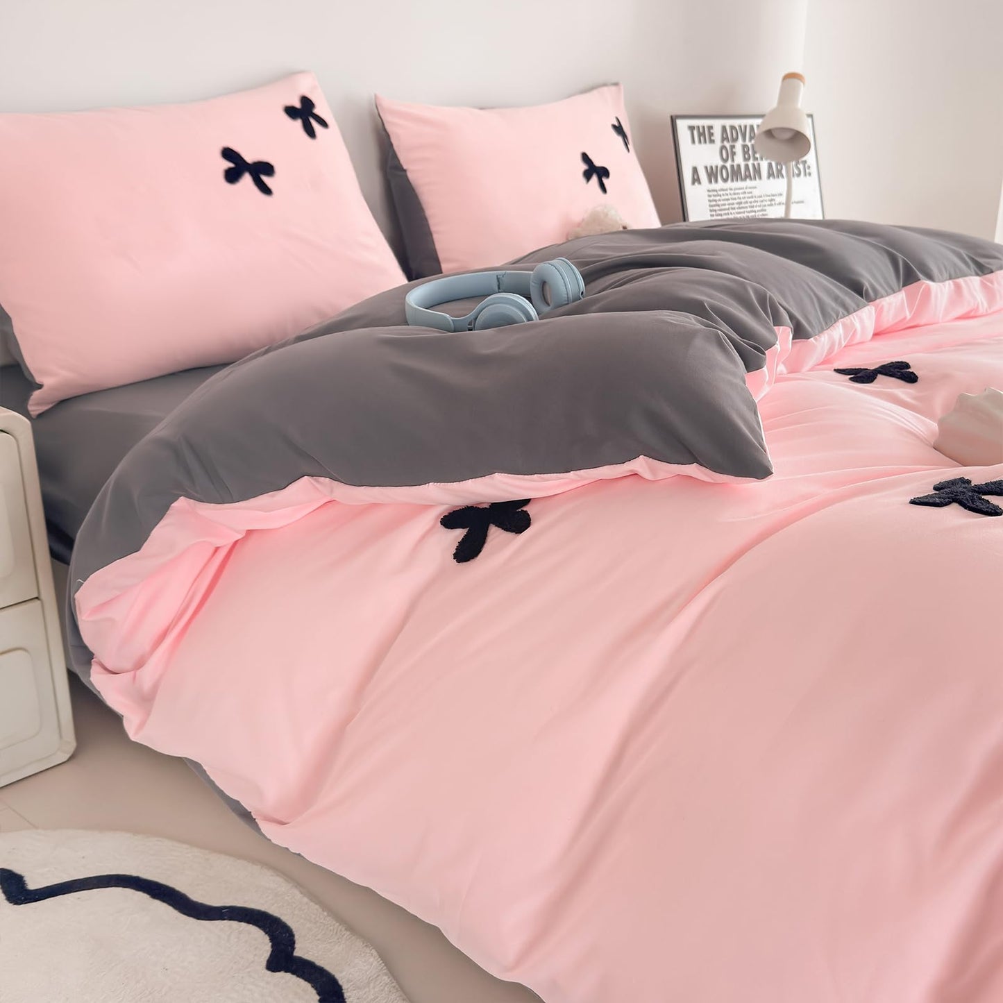 Tailor Shop Twin Comforter Set for Girls 5 Pieces Tufted Chenille Bowknot Embroidery Grey Comforter Pink Bedding Twin Girls Comforter