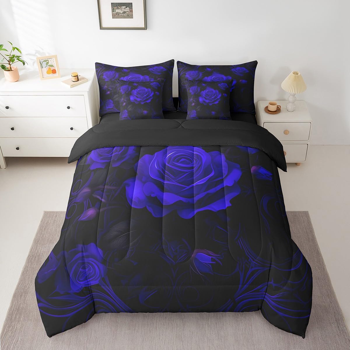Erosebridal Blue Roses Bedding Set,Romantic Valentine's Day Bed in A Bag Couple Wedding Queen Comforter Set 7 Piece for Men Women Adults,Blooming Flower Sheet Set with Comforter