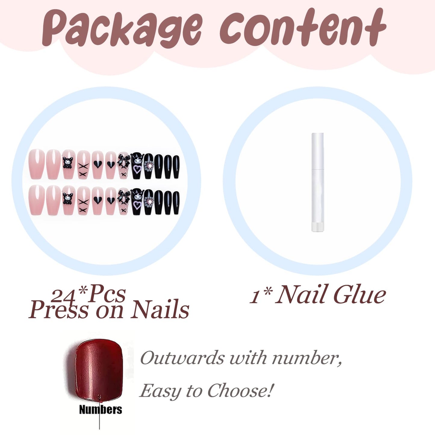 BABALAL Press on Nails Medium Coffin Fake Nails Black Gothic Glue ons Cute Heart Anime Charm Design Acrylic Nails 24Pcs Luxury Bling Ballerina Manicure DIY Goth False Nail for Women Girls