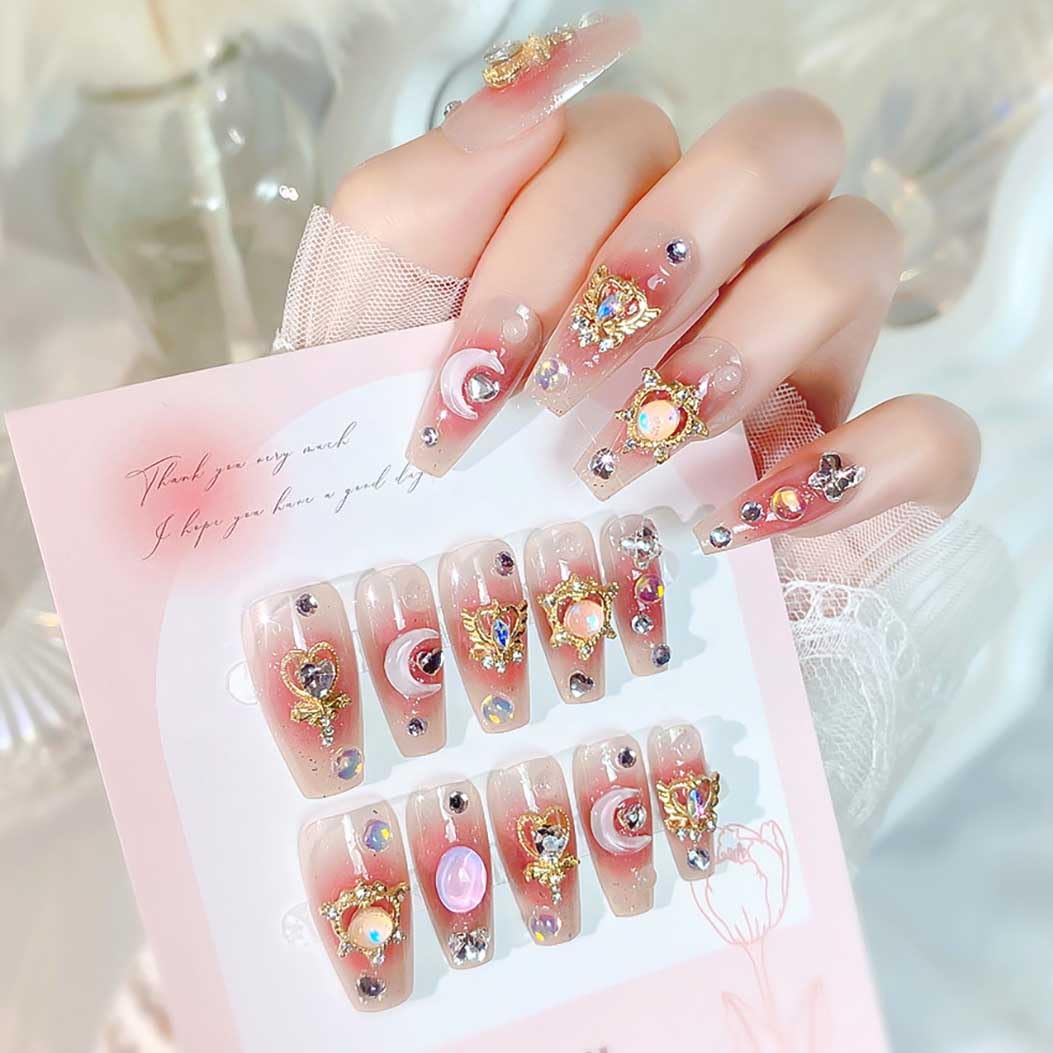 RikView Long Press on Nails Pink Fake Nails with 3D Design Coffin Nails Glossy Full Cover Nails for Women 24 PCs/Set