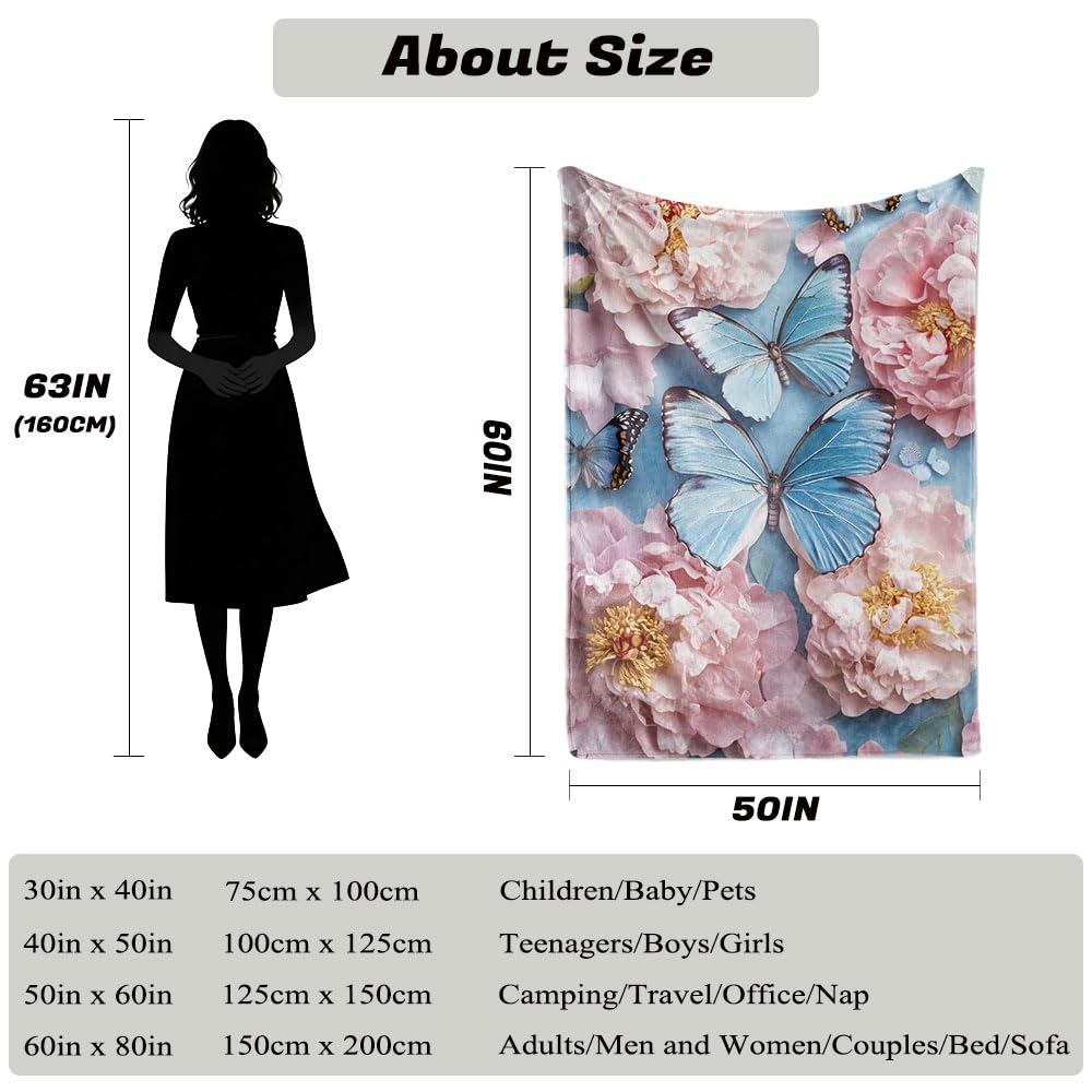 HUNXIAOJ Butterfly Print Throw Blanket Floral Butterfly Blanket Insect Throw Warm Soft Flannel for Adults Bed Sofa Couch (50 in x 60 in)