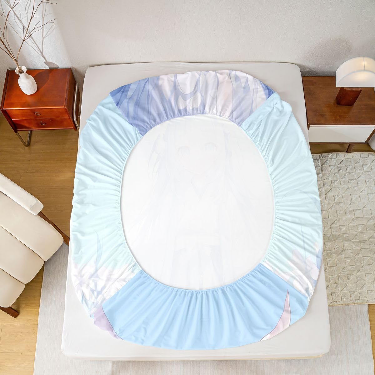 Traditional Japanese Girl Sheet Set Kawaii Decor, 3D Anime Girl Bed Sheets Set Cartoon Japanese Girl Bedding Set, Blue Butterfly Decorations Sheets Twin, 1 Flat Sheet 1 Fitted Sheet 1 Pillow Case