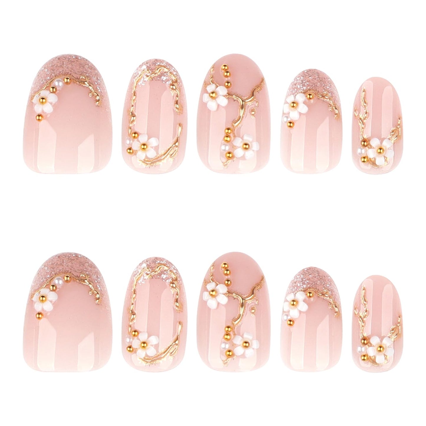 Flower Press On Nails Short Almond Nude Pink Spring False Nails With 3D Flowers Designs Gold French Nails Press Ons Artificial Acrylic Nails Full Cover Glue On Nails Stick On Nails For Women