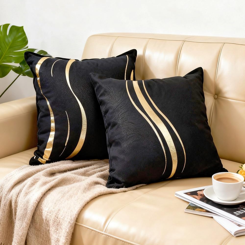 1 Pair Striped Decorative Throw Pillow Case, Polyester Square Pillow Sofa Cushion Cover, Set of 2(Black and Gold, 18 x 18 Inch)