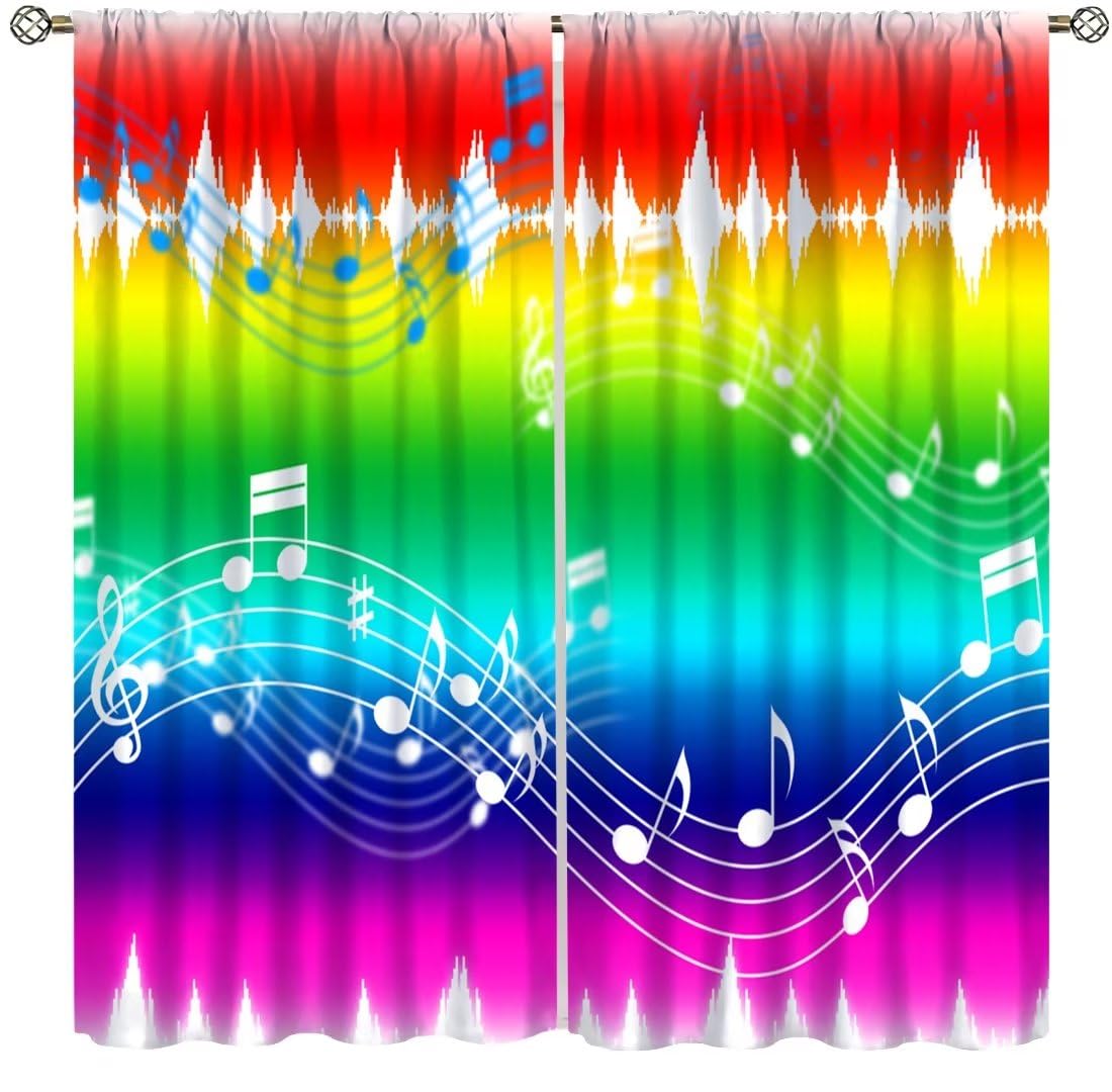 Music Curtains,Sound Art Music Note Colorful Pattern Polyester Fabric Window Drapes for Bedroom Living Room Music Room Window Drapes 2 Panel Set,Total Size 42" x 45"