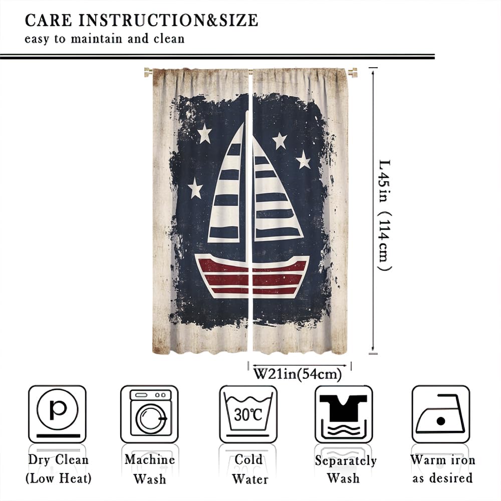 YFBBINS Retro Sailboat Pattern Blackout Curtains Thermal Insulated for Bedroom Living Room, Geometric Vintage Sailing Ship Rod Pocket Curtain Light Blocking Drapes, 2 Panels, Each 21 W x 45 L inch