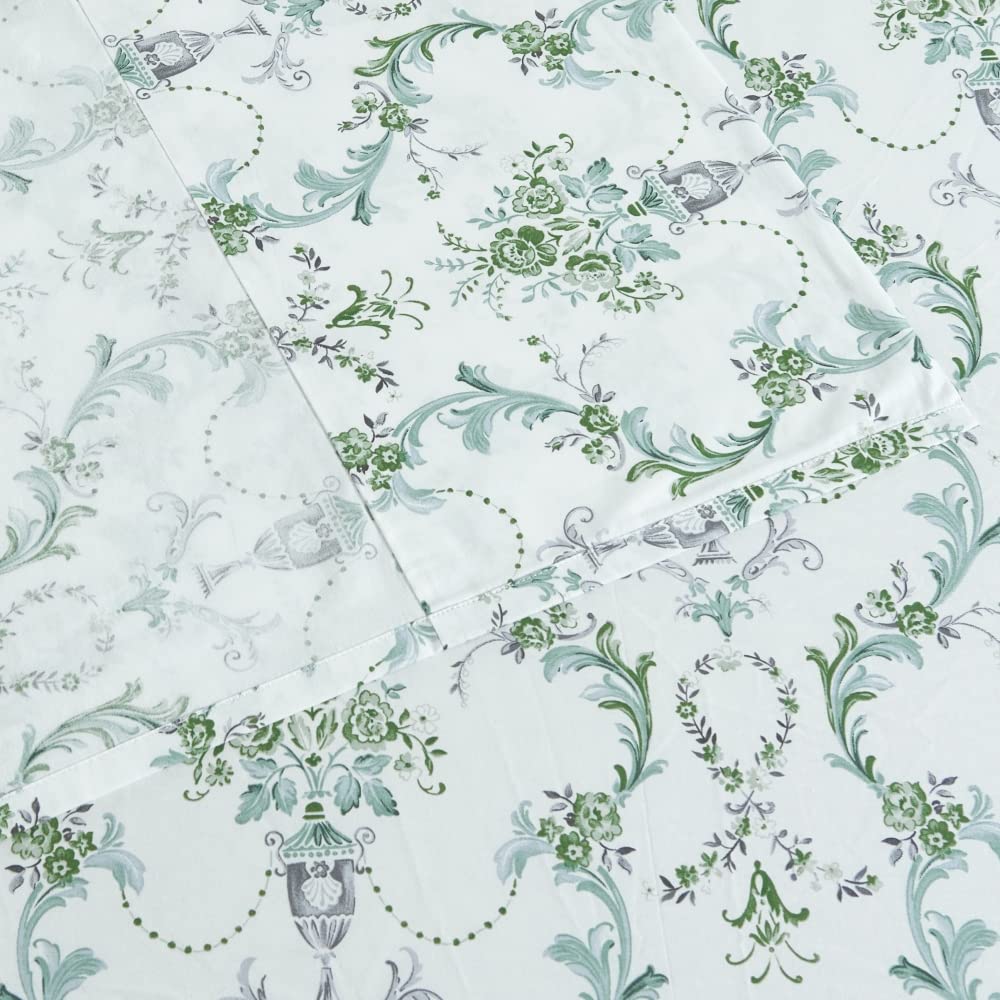 DAUAOTO 100% Cotton Bedding Printed Sheets Set for King Size Bed Up to 14" Deep Mattress, Botanical Vines Pattern Bedlinen Sets, Green