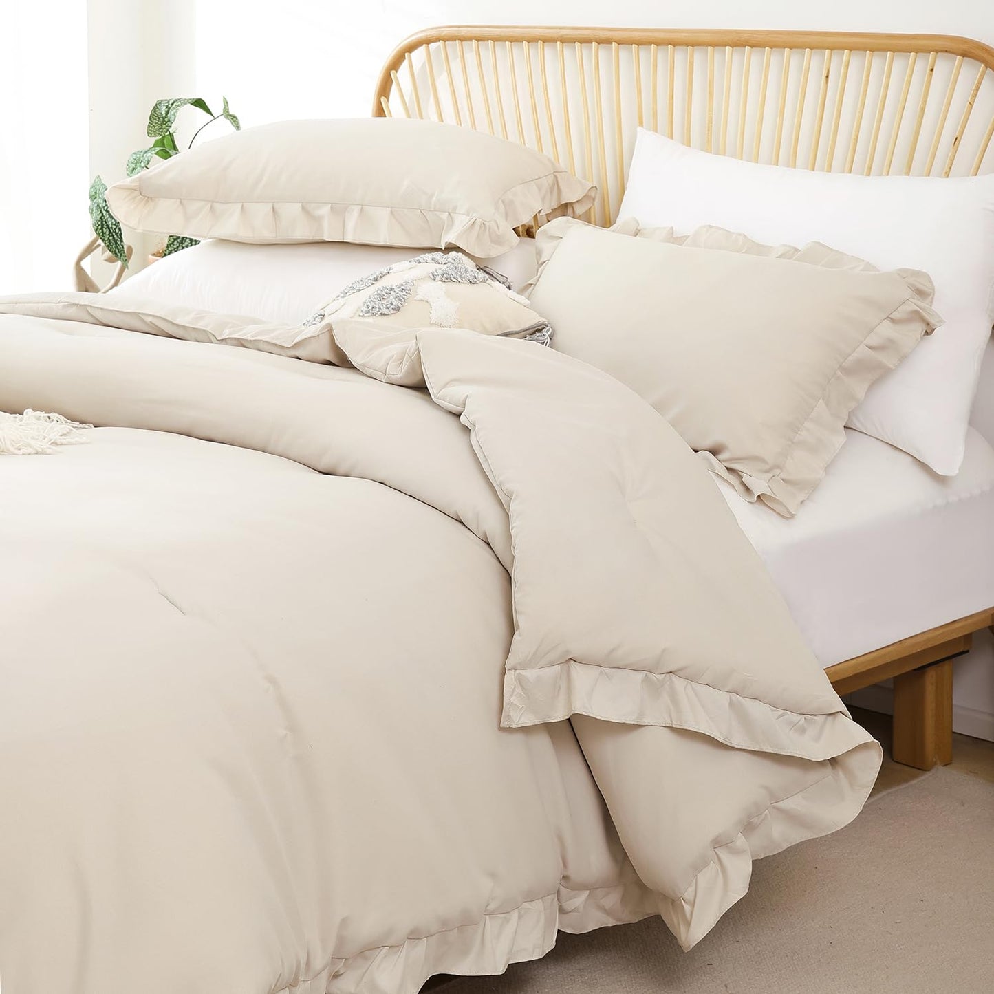 JANZAA Beige Comforter Set Queen – Soft Microfiber, Lightweight All Season Bedding, Ruffle Shabby Chic Aesthetic, Breathable Cozy Bed Set with 2 Pillow Shams, Machine Washable