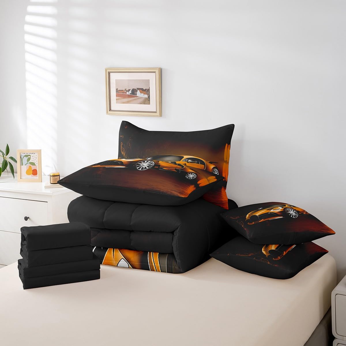 Feelyou Race Car 7 Piece Bedding Set Toddler Twin, Orange Racecar Bed in a Bag for Kids Boys Girls Comforter Set with Sheets Cool Speed Sports Car Bedroom Decor 7 with 1 Pillowcase