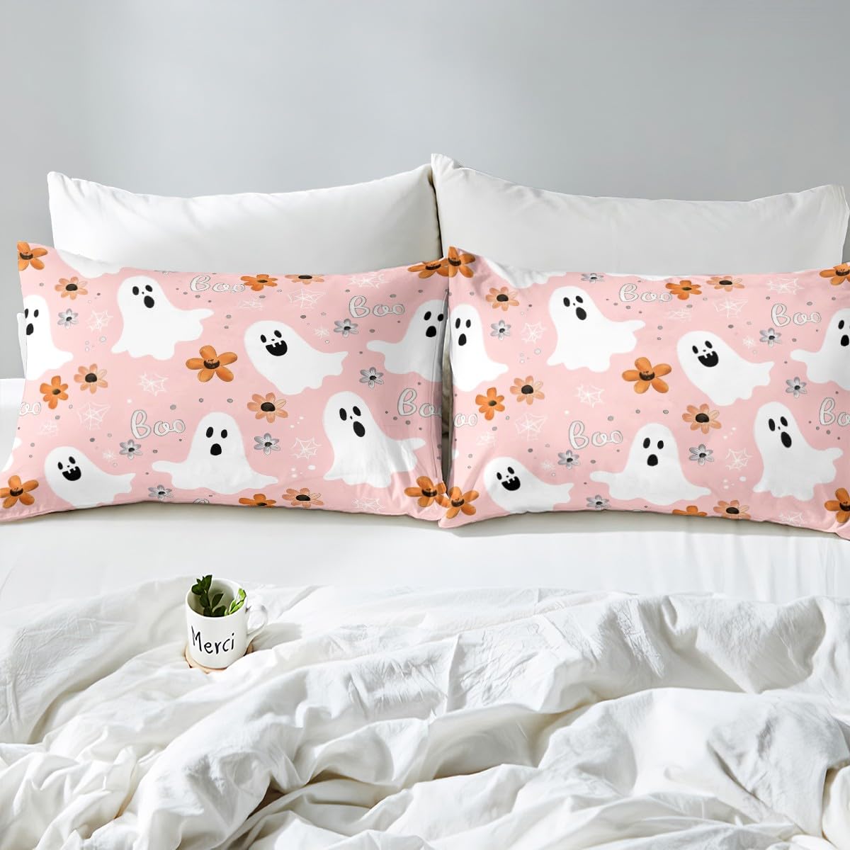 jejeloiu Halloween Decor Bed Sheets Set Queen Size Cartoon Ghost Deep Pocket Fitted Sheet Spider Web Bedding Sets Spooky Halloween Pattern Soft Bed Set 4Pcs with 2 Pillow Cases