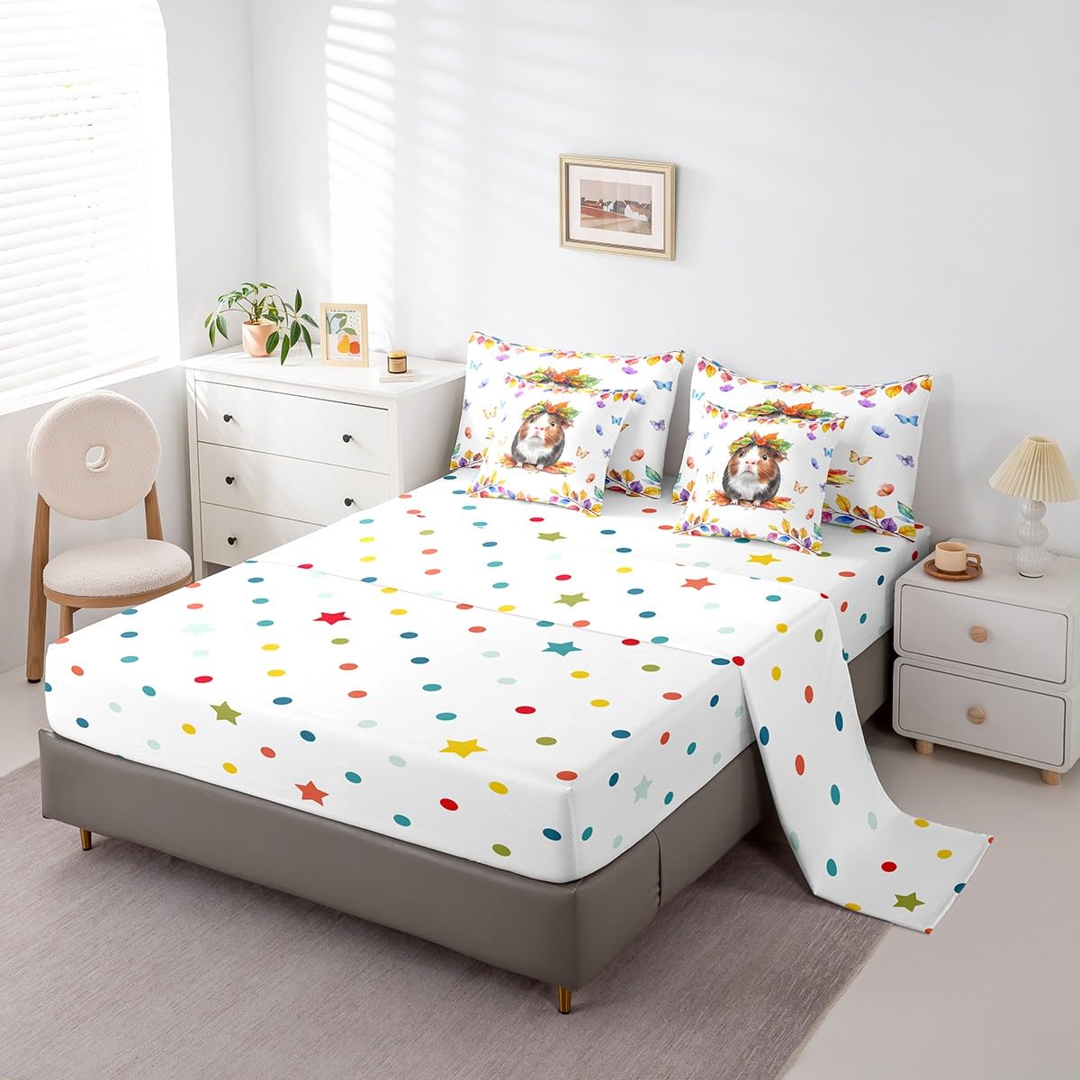 Kawaii Guinea Pig Bedding Comforter Sets 7pcs for Boys Girls Cartoon Animal Queen Bedding Sets, Colorful Butterfly Bed in a Bag Rainbow Eucalyptus Leaves Comforter Set, Cute Polka Dots Reversible