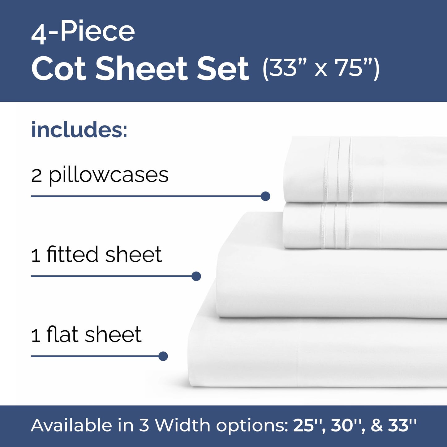 Cot Sheet Set 33” x 75” – Easy-Fit Cot Size Mattress Sheets – Ideal for Narrow Twin, Camper Bunk, RVs, Twin Bunks, Day Care and Camping Cots - Cot Size Fitted Sheet fits 6” to 10” Mattresses – White