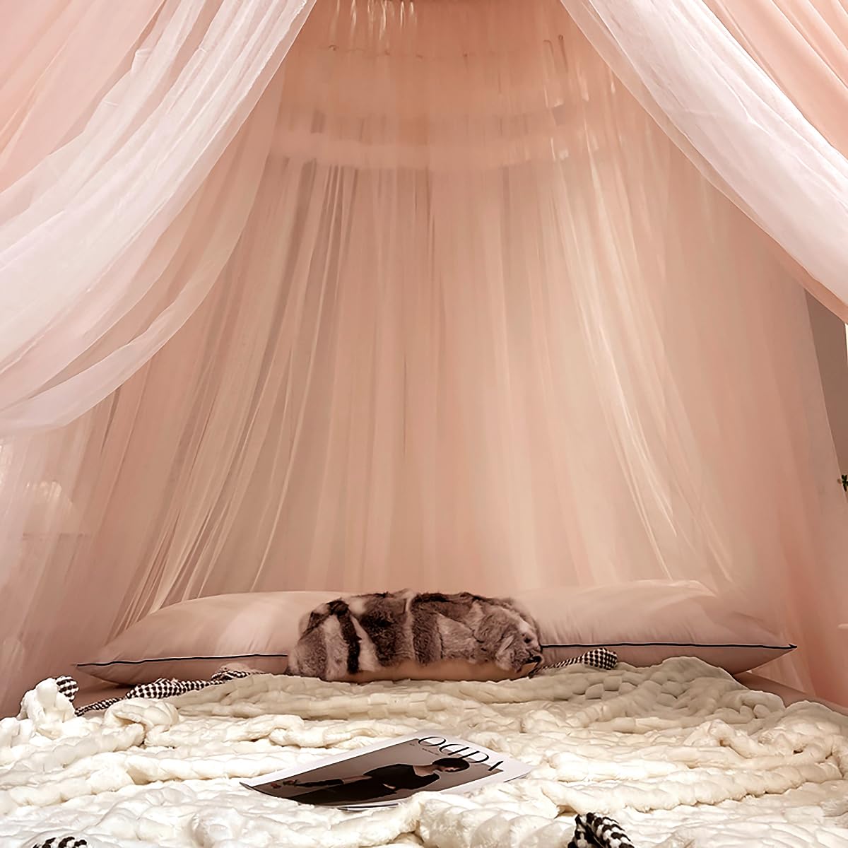Kertnic Dreamy Bed Canopy for Girls, Princess Canopy Curtains Double Layer Sheer Mesh, Adults Canopies Netting Room Decor Tent Mosquito Net for Queen King Bed (Double Layer-Beige Pink)
