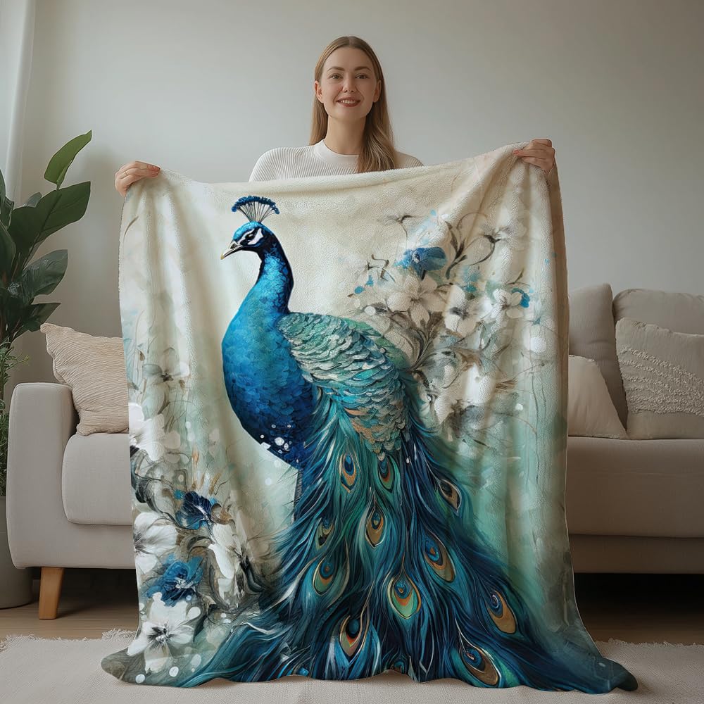 HUNXIAOJ Peacock Throw Blanket Peacock Themed Decor Animal Print Blanket King Size Soft Warm Flannel for Sofa Bed (60 in x 80 in)