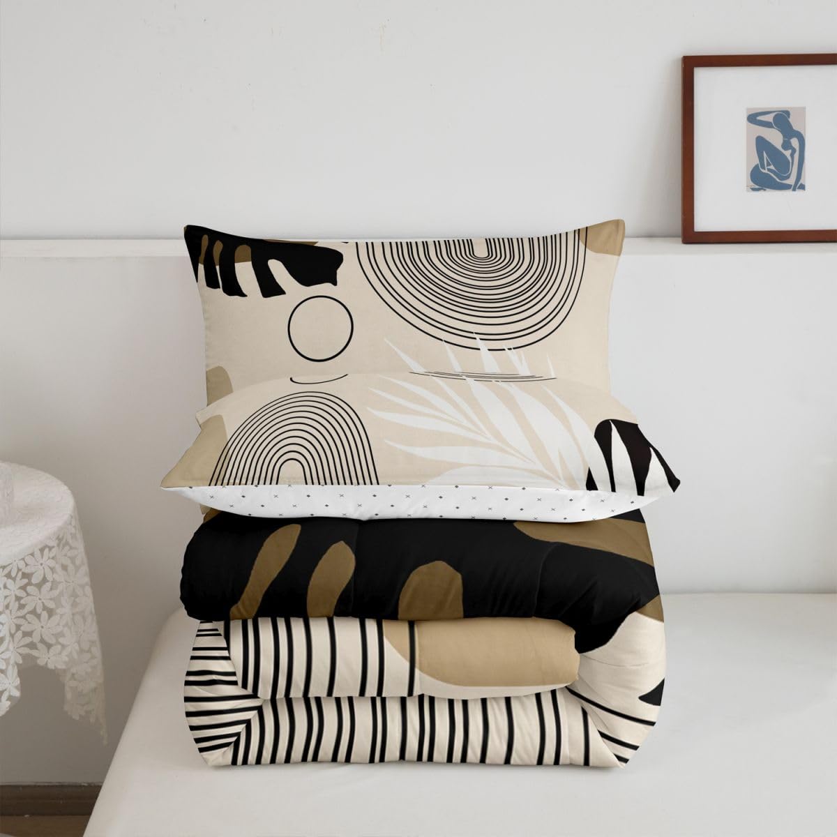 Erosebridal Boho Mid Century Twin Bedding Set, Modern Minimalist Comforter Set, Abstract Arch Geometric Comforter for Adults Teens Kids, Tropical Palm Leaf Aesthetic Quilt, Black Beige Brown