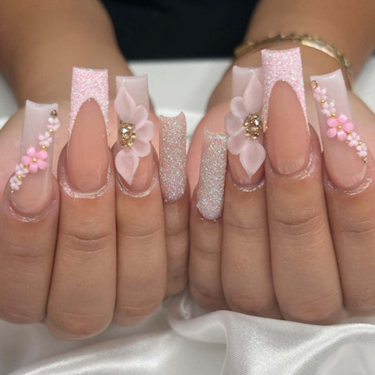 YoYoee Long Ballerina Nails Tips Glitter French False Nails Coffin Press on Nails Full Cover Cute Fake Nails for Women and Girls 24PCS
