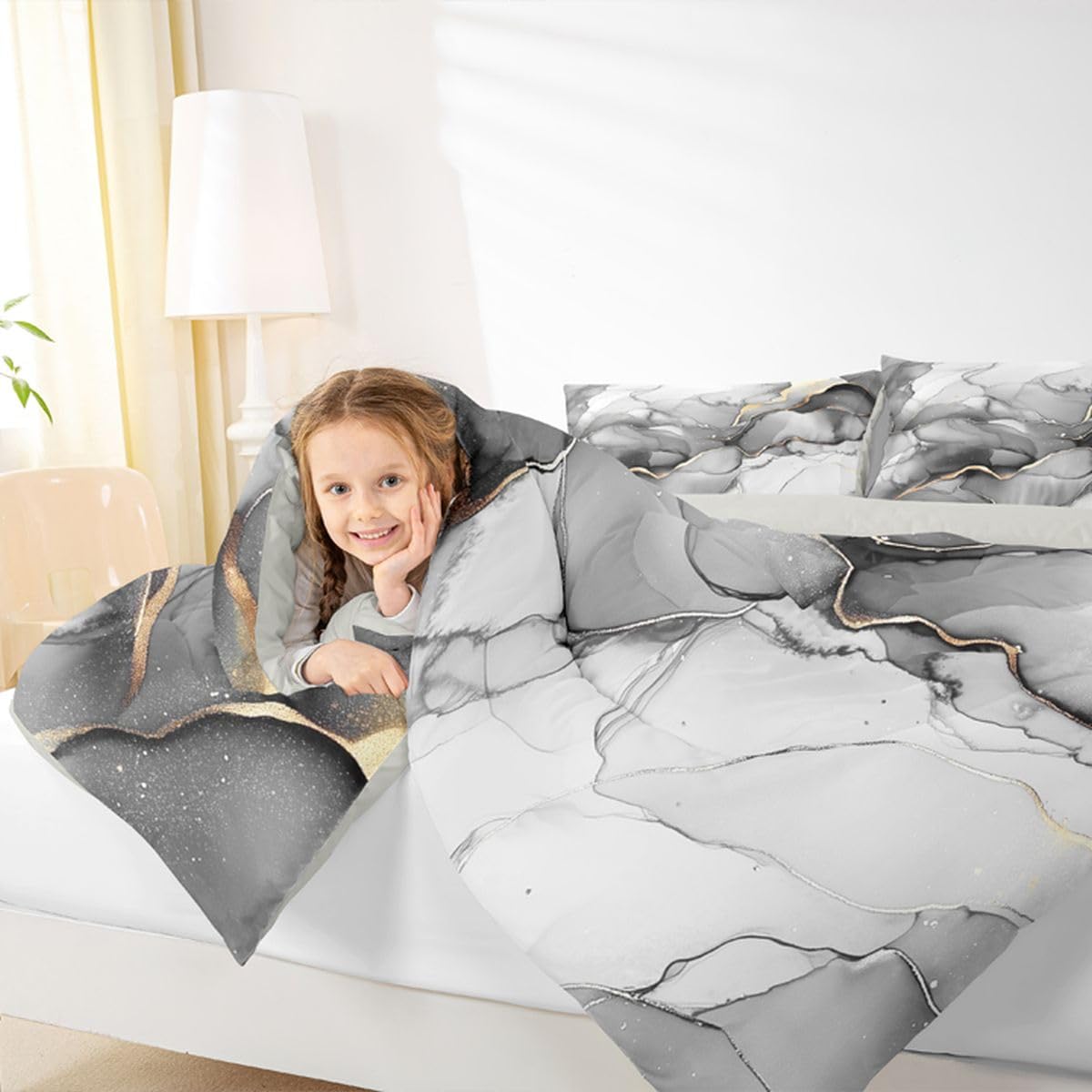 Erosebridal Grey Marbling Bedding Set King Marble Pattern Comforter Set for Kids Boys Girls Gold Ink Fluid Art Down Comforter,Ombre Marble Textured Quilt Duvet