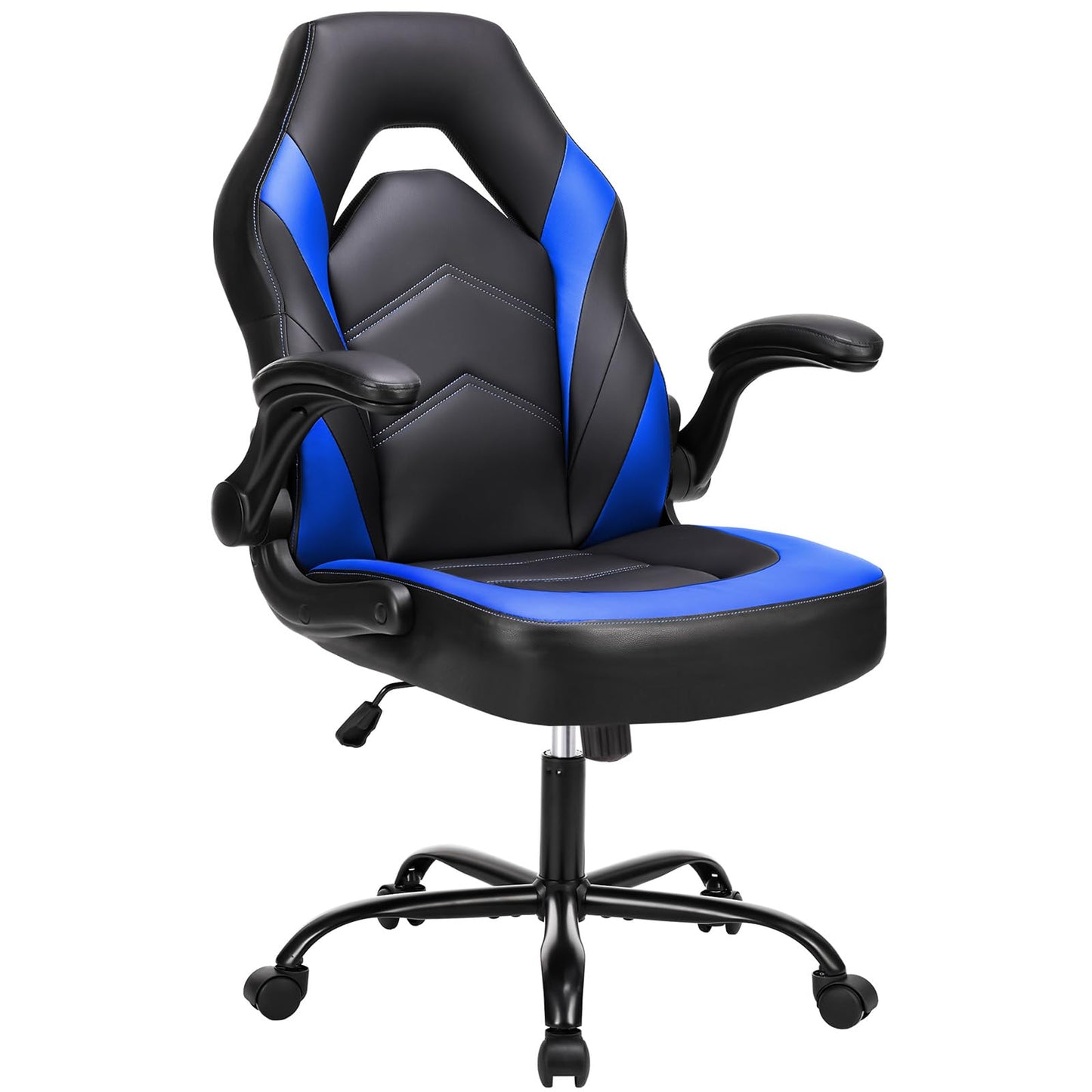 HAPPYMONT Ergonomic Computer Gaming Chair - Home Office Desk with PU Leather Lumbar Support, Adjustable Big and Tall Video Game with Flip-up Armrest, Swivel Wheels for Adults and Teens,Black Blue