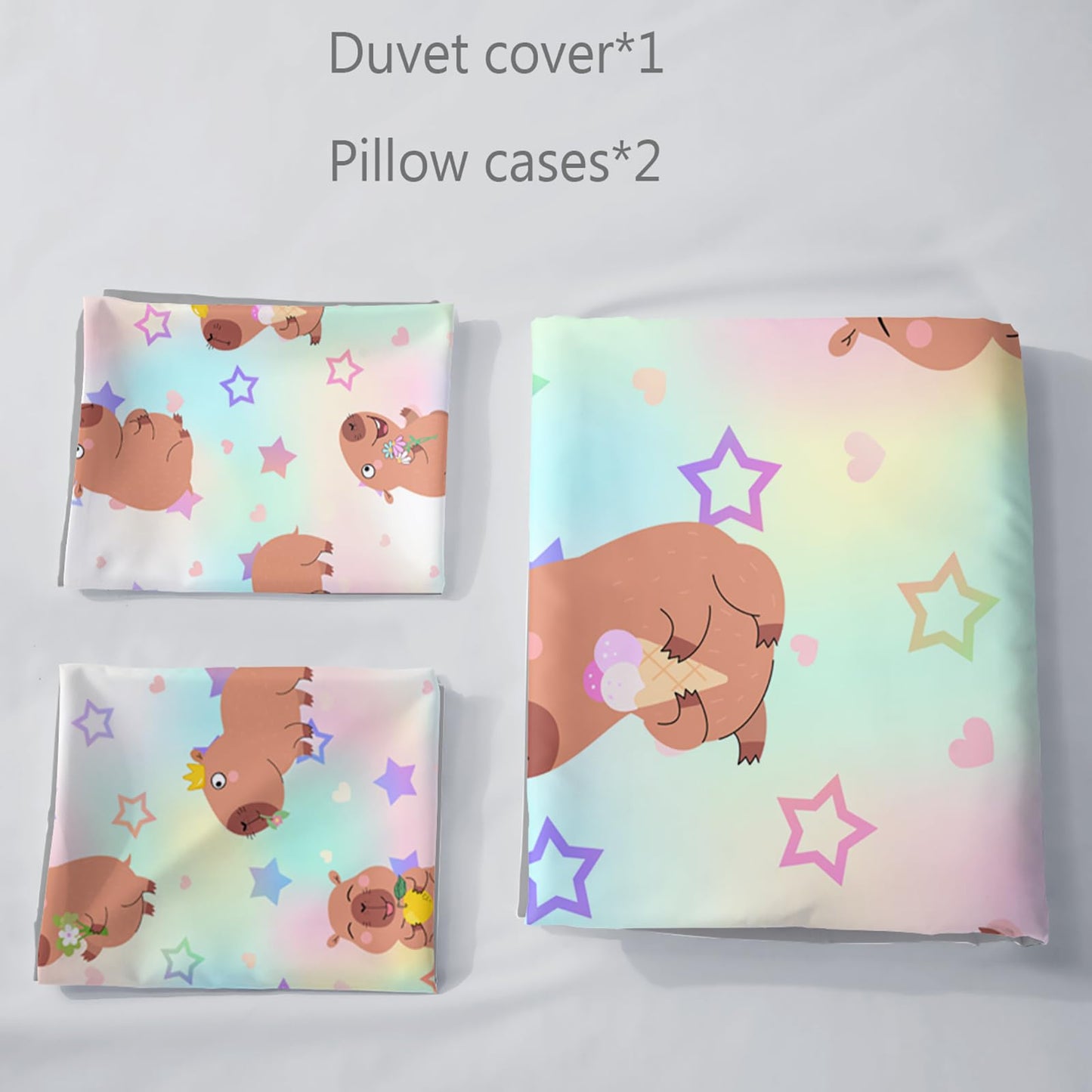 AILONEN Kawaii Capybara Duvet Cover Set Full Size,Cute Cartoon Capybara Rainbow Bedding Set for Girls Kids,Lovely Animal Star Quilt Cover & 2 Pillowcases-3 Pieces