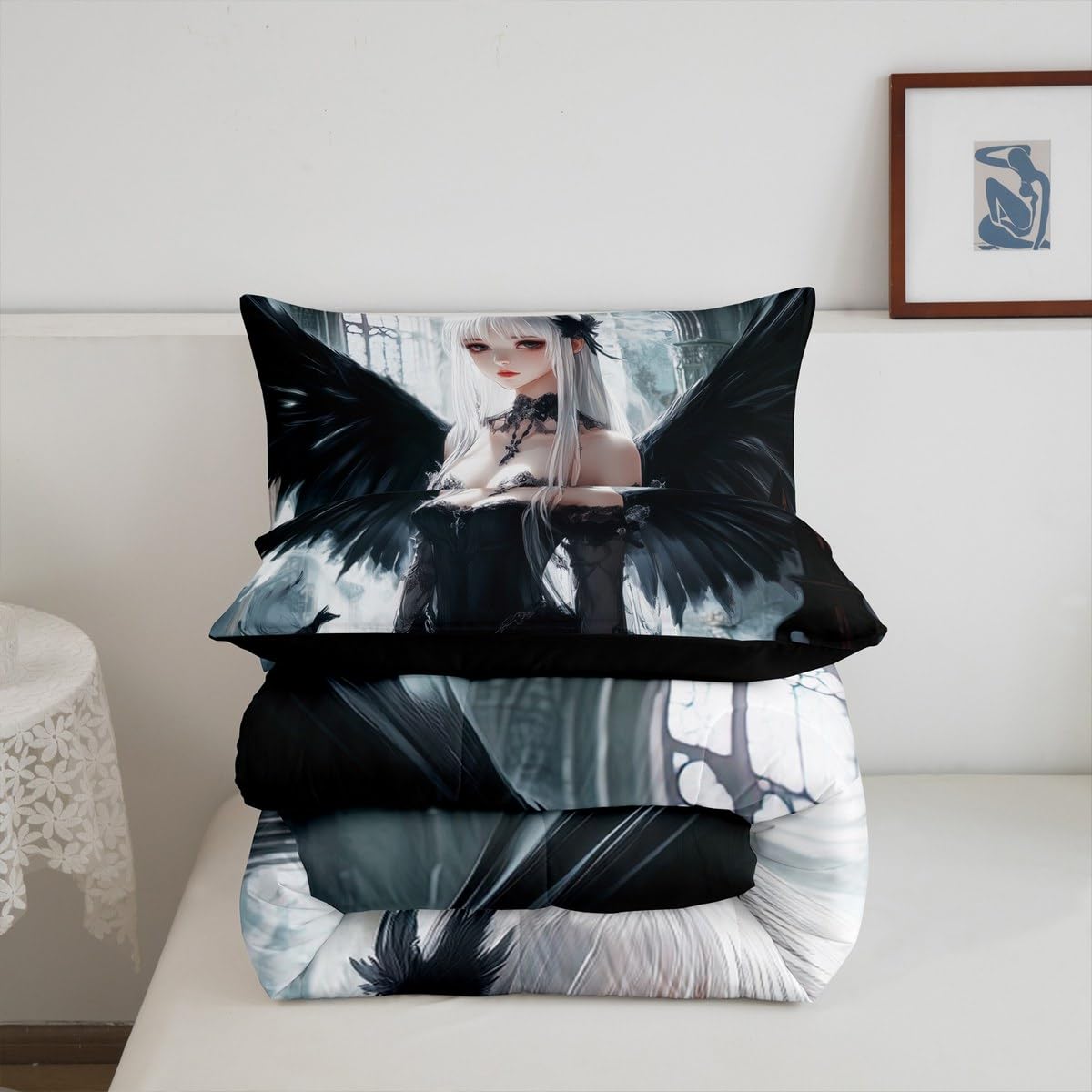 Erosebridal Anime Girl Bedding Set Twin Size, Kawaii Japanese Anime Comforter for Kids Boys Teens Adult, Cartoon Girl Quilt Japan Animation Bedroom Decor, Machine Washable, Black White